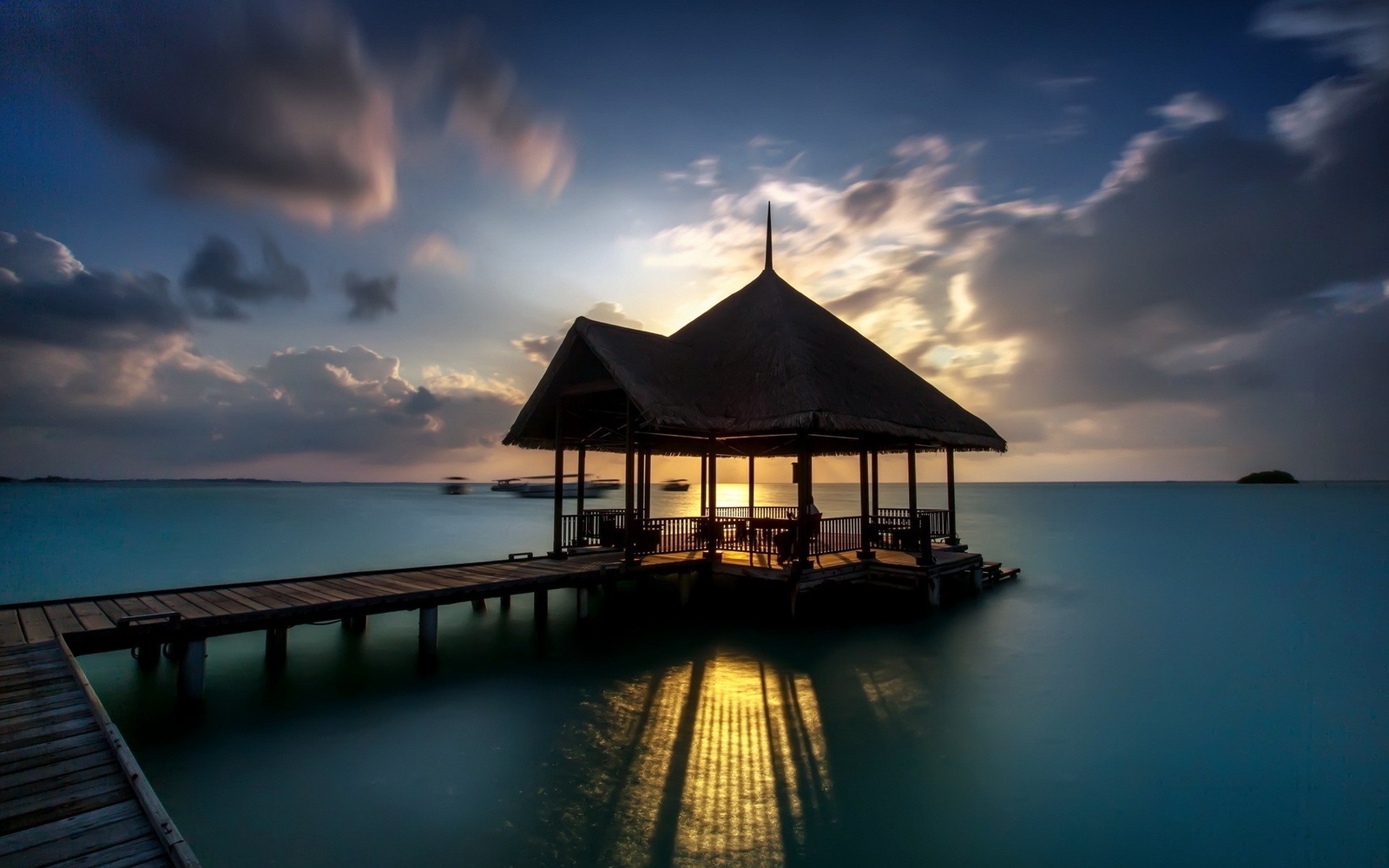 Landscape pier hut water clouds sunset reflection shadow Custom Gaming Mat Desk