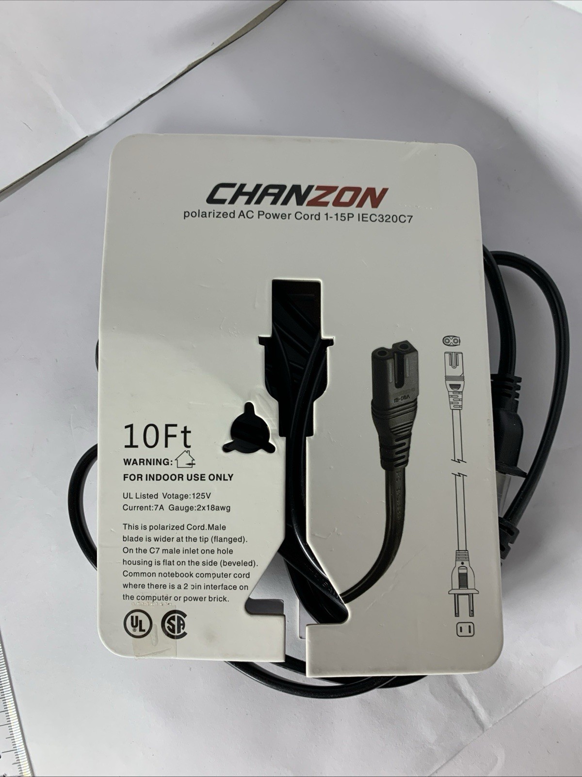 Chanzon Polarized Ac Power Cord 1-15p IEC320C7 10ft