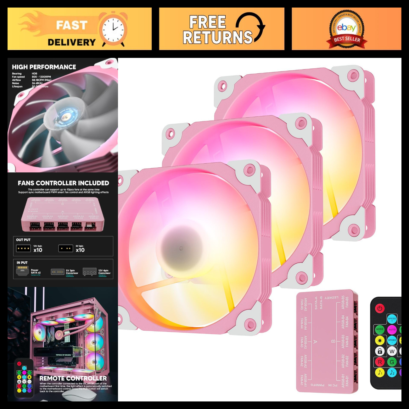 3-Pack 120mm Pink ARGB Computer Case Fans for PC Cooling & RGB Lighting