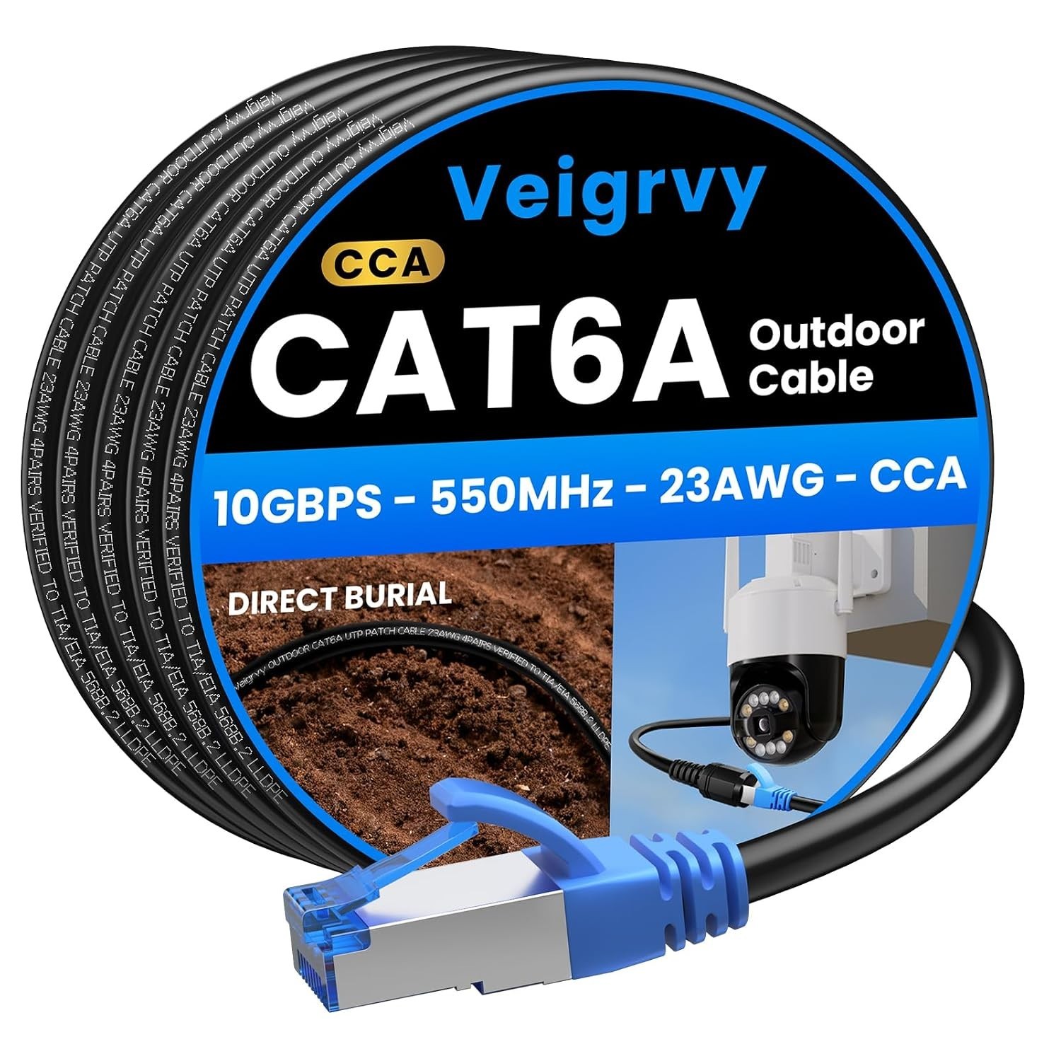 Weatherproof Cat6A Ethernet Cable 100ft - Direct Burial, 550MHz, PoE Compatible
