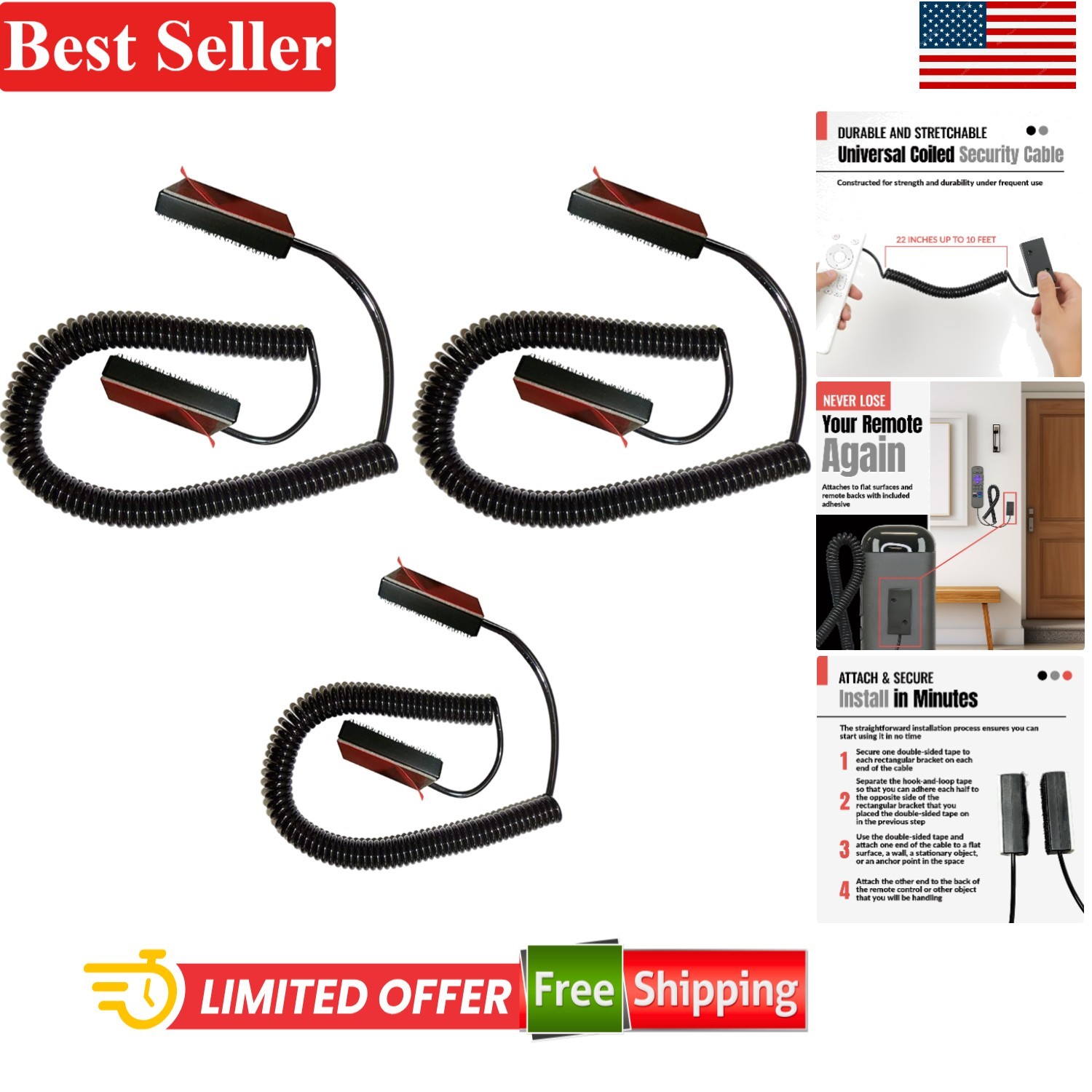 Universal Remote Control Tether Security Cable - 3 Pack, Stretches Up to 10 Feet