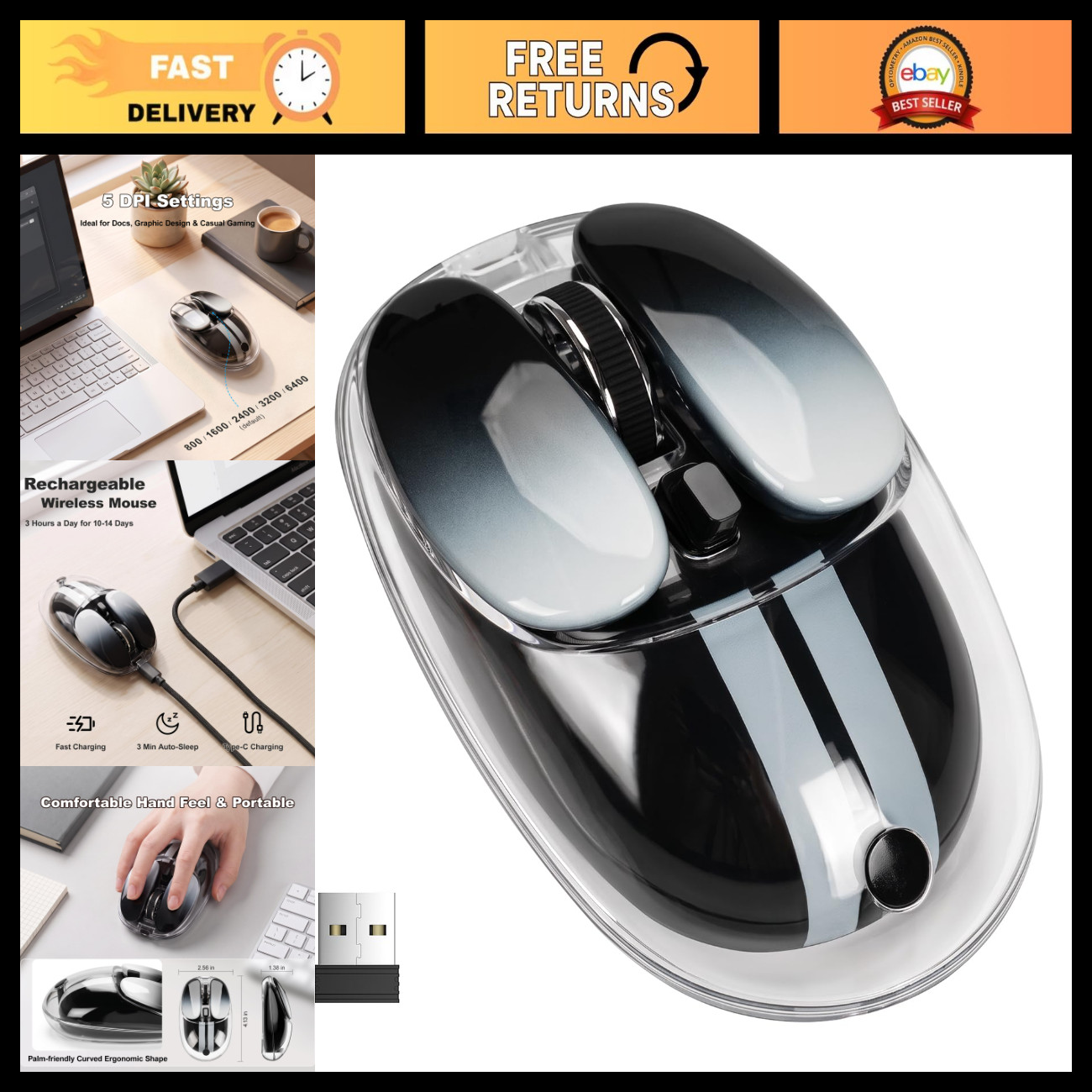 Transparent RGB Wireless Mouse - Tri-Mode 2.4GHz/USB-C/Bluetooth, 6400 DPI, Rech