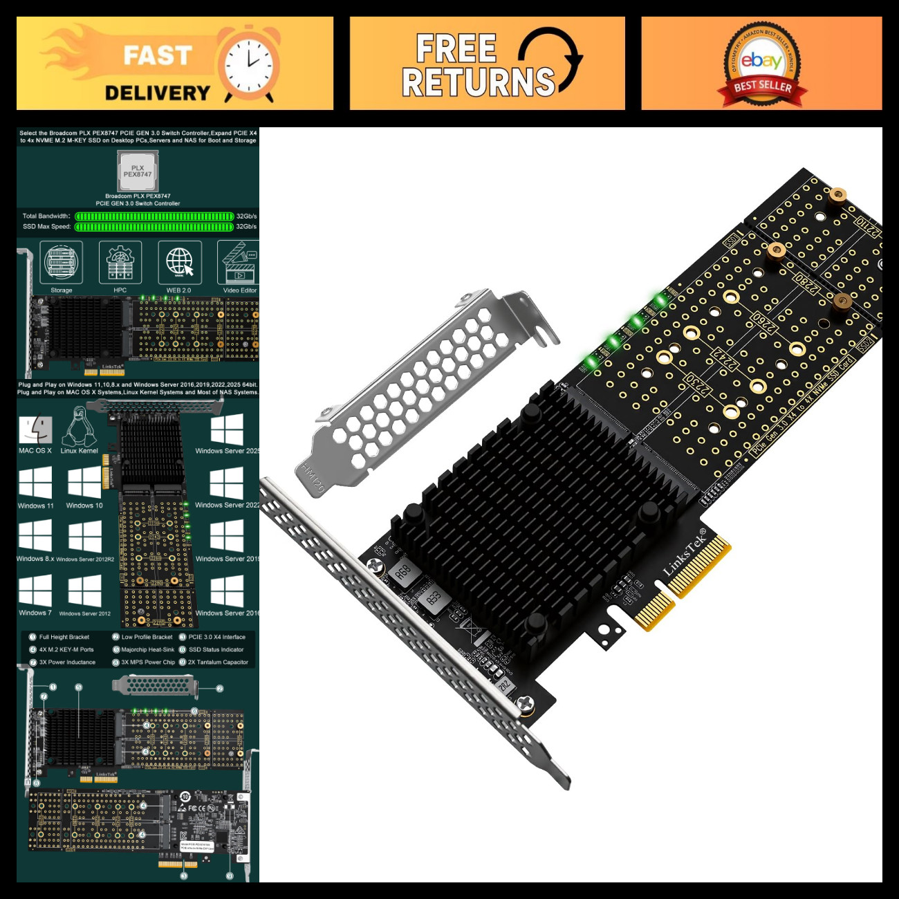 4-Port NVME M.2 SSD Expansion Card, PCIe 3.0 x4, 32Gb/s Bandwidth, Bifurcation