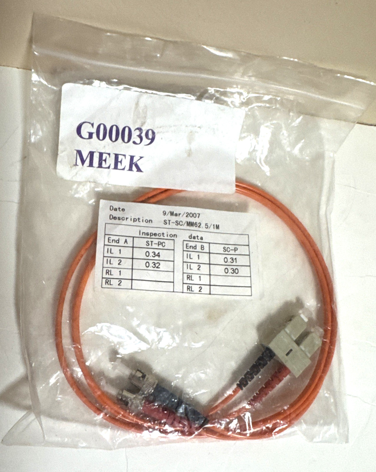 SC to ST fiber patch cord jumper cable, MM, duplex 62.5/DX 1 meter