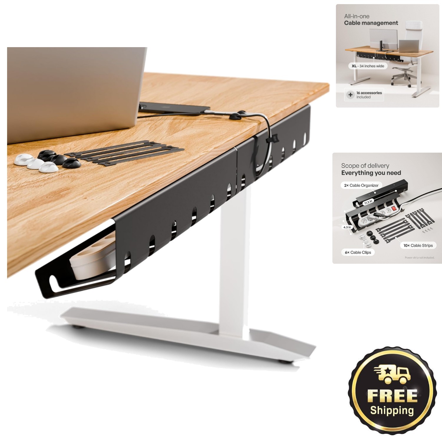 Complete Under-Table Cable Management Set (2 Pieces) - Easy Installation & Ties