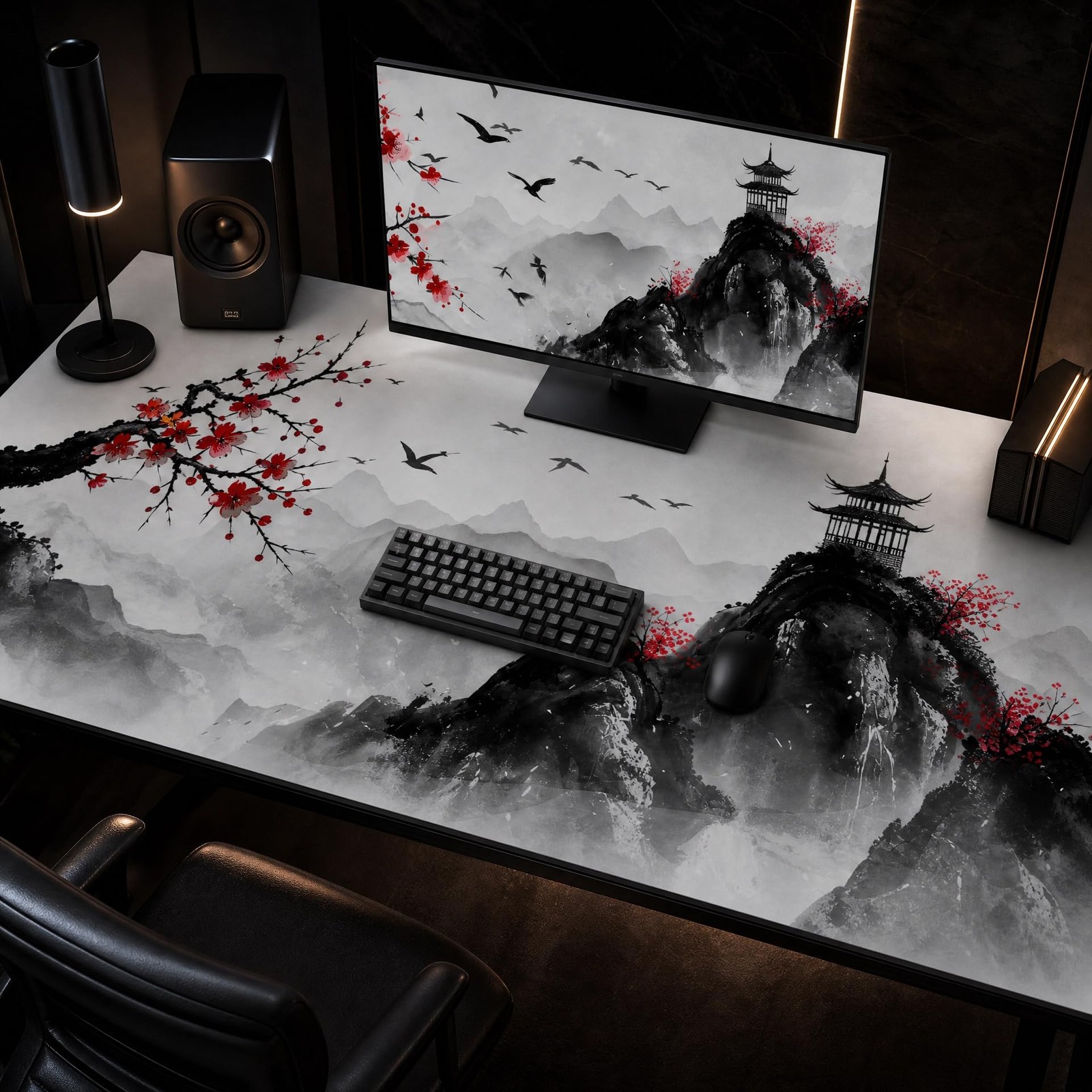 Japanese Ink Wash Cherry Blossom 3XL Extended Desk Mat 48x24 Inch Mouse Pad