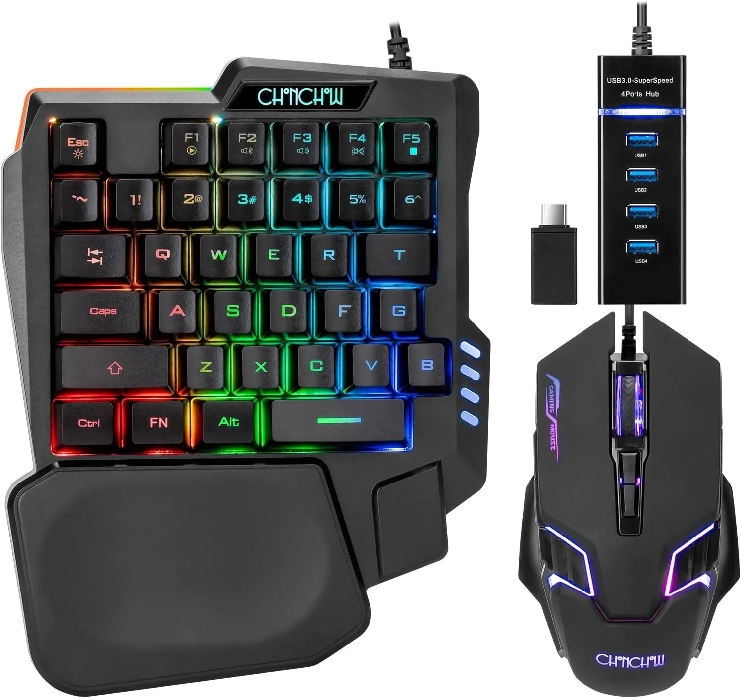 One Handed Half Keyboard Mouse USB Spilitter Type-C Adapter Gaming Combo with...