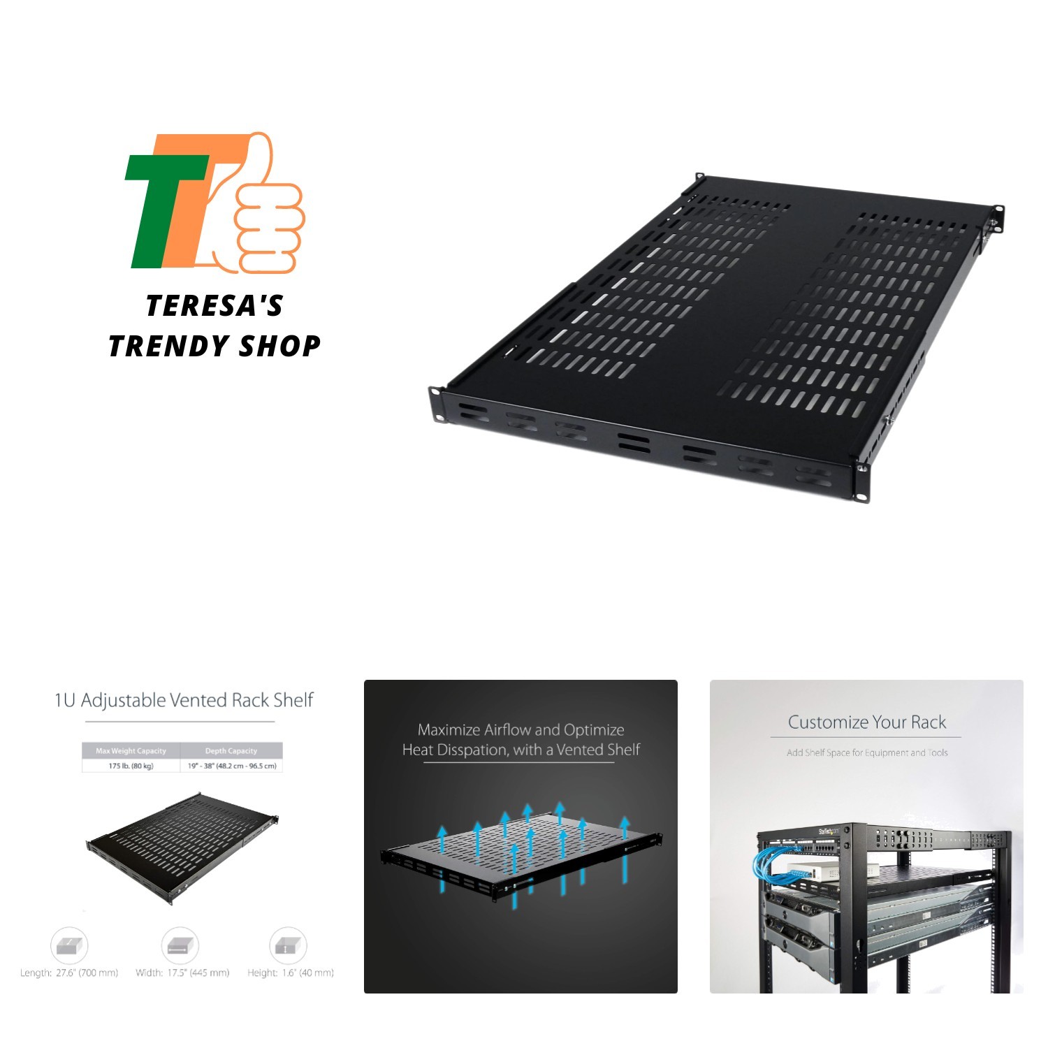 19in Vented Adjustable Rack Shelf for Servers - 175lbs, Black Cold-Rolled Steel