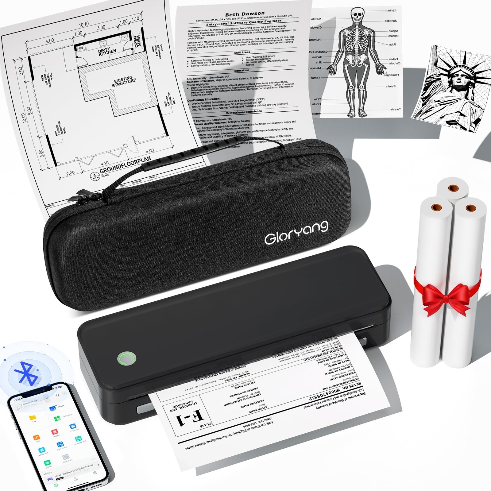 Portable Inkless Wireless Thermal Printer for Travel, Bluetooth, 8.5x11 Paper, C