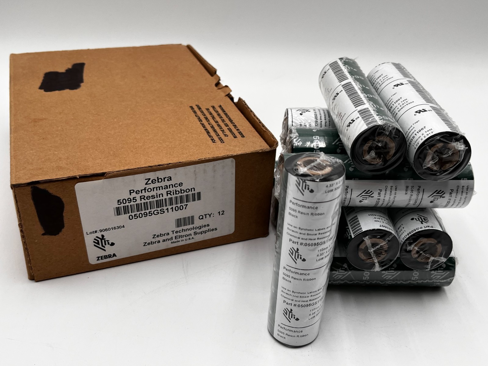 (12) Zebra Resin Ribbon 110mm x 74M 5095 High Performance 0.5" Core Genuine OEM