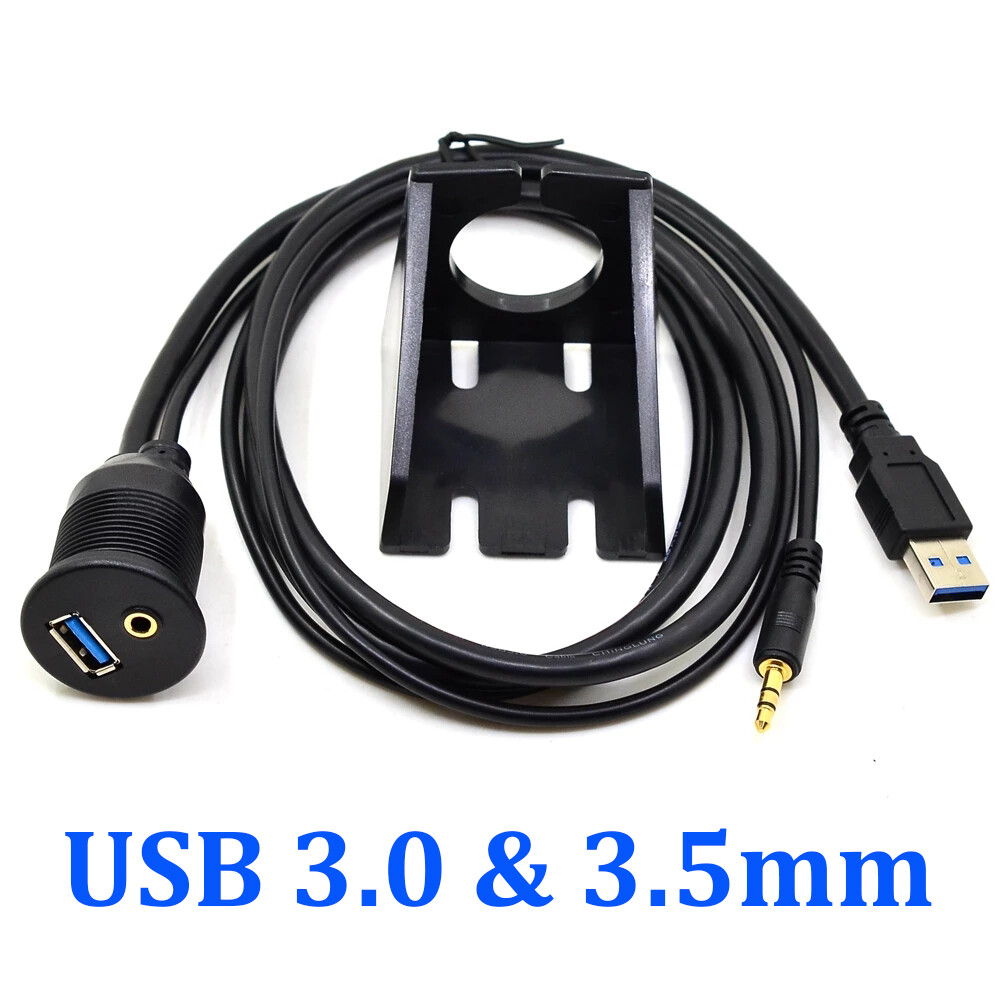 1M USB 3.0 & 3.5mm Mount Flush Mount Cable AUX Extension Dash Panel for Car Boat