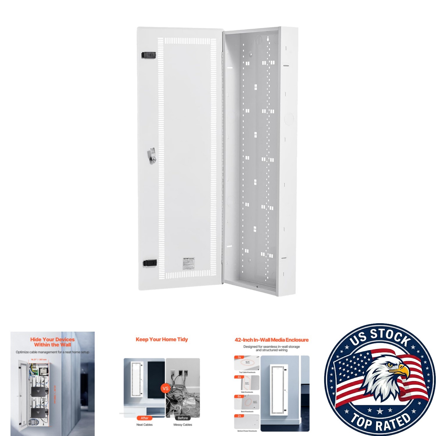 Durable 42-Inch In-Wall Media Box with Hinged Door for Secure Device Storage