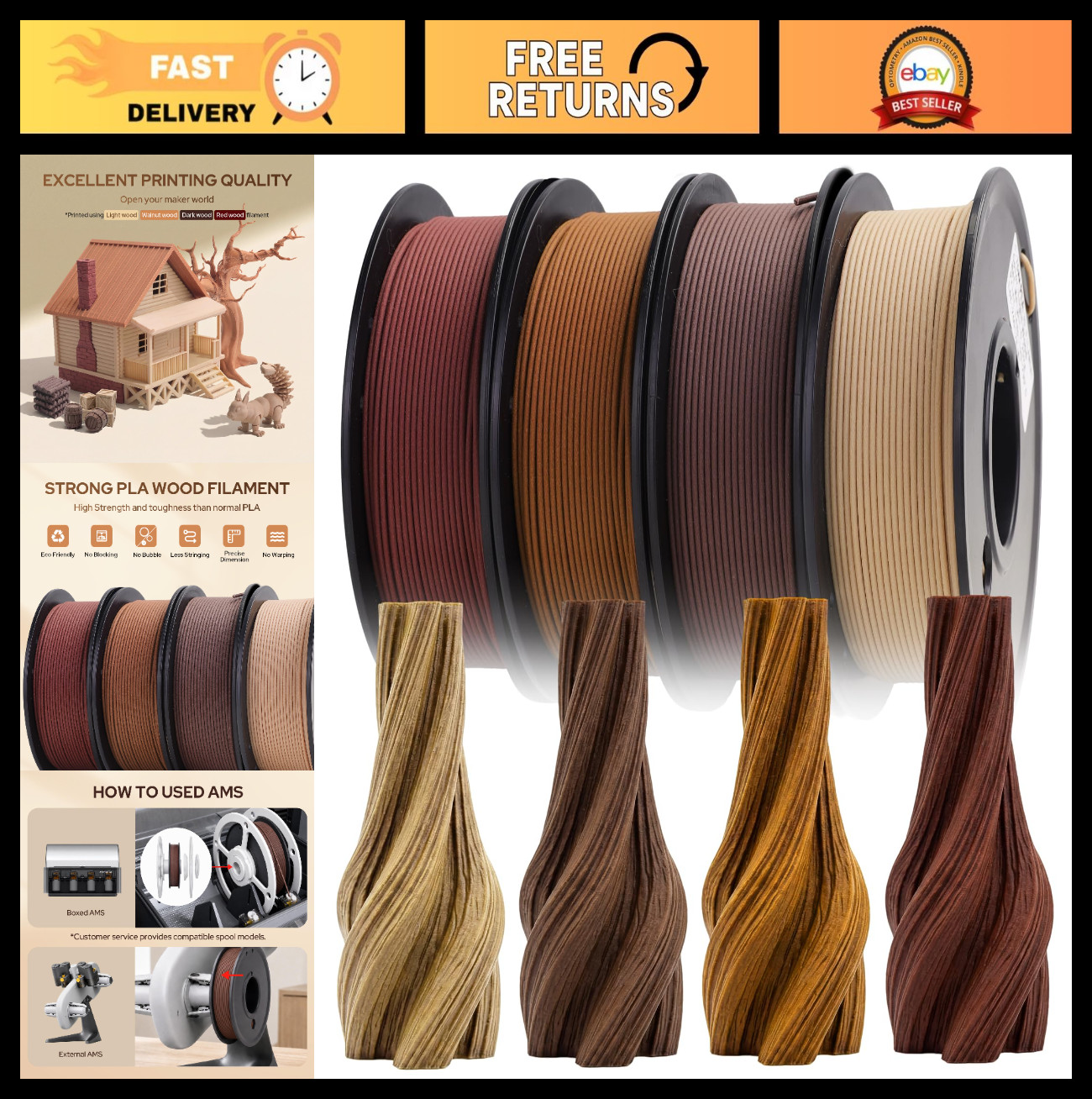 Wood PLA Filament Bundle 1.75mm - Maple, Cherry, Walnut, Mahogany - 3D Printing