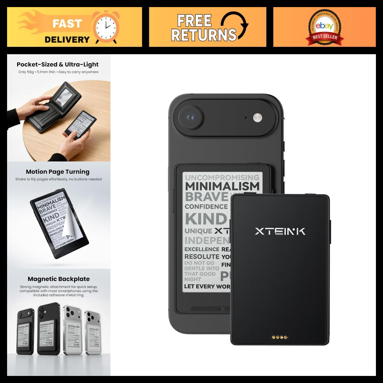 Compact 3.7" E-Ink Pocket eBook Reader, Lightweight 58g, Magnetic Mini Ereader