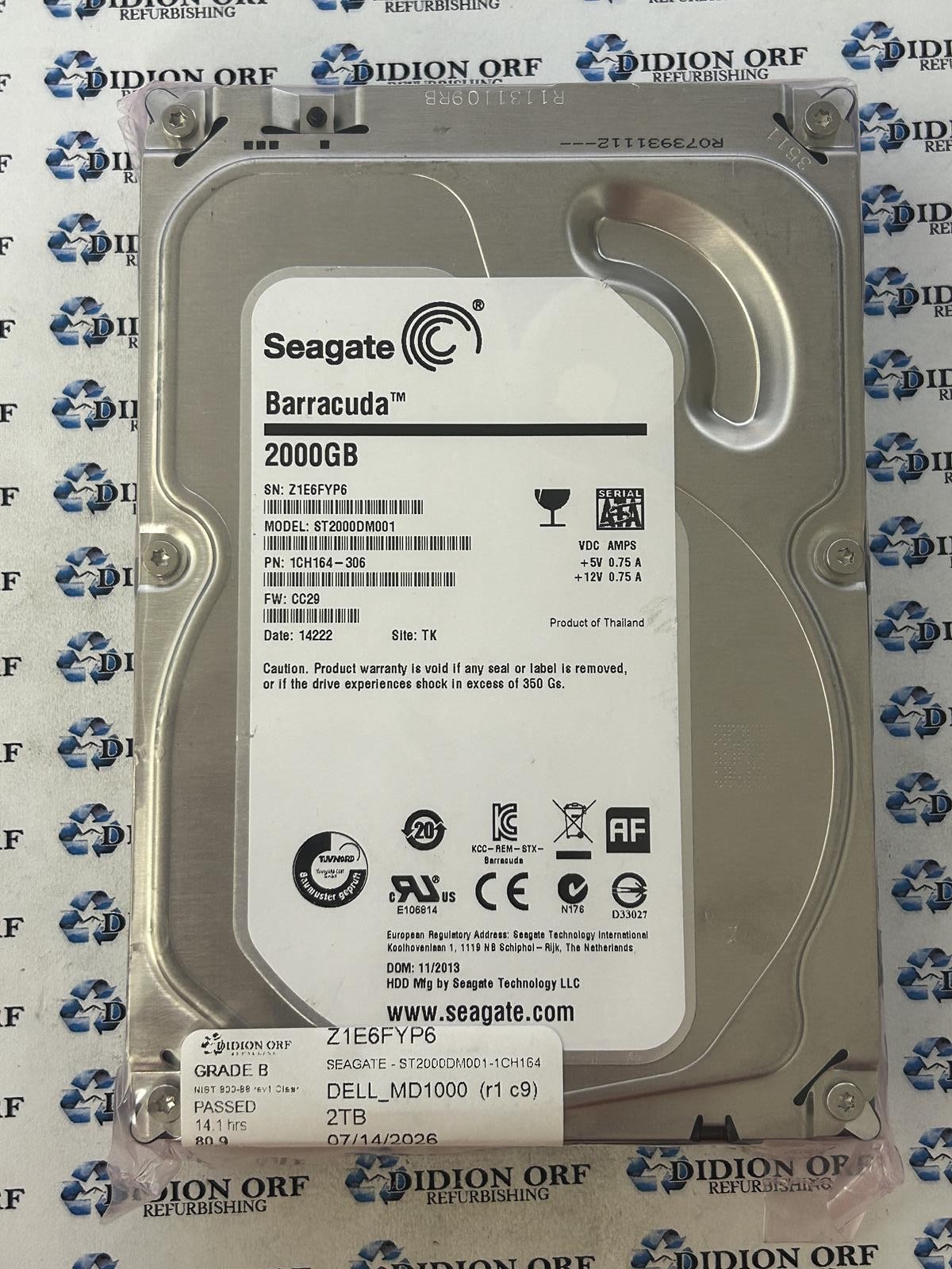 SEAGATE 2TB 3.5" SATA HDD 7200 RPM ST2000DM001-1CH164, GRADE B, SKU 8513