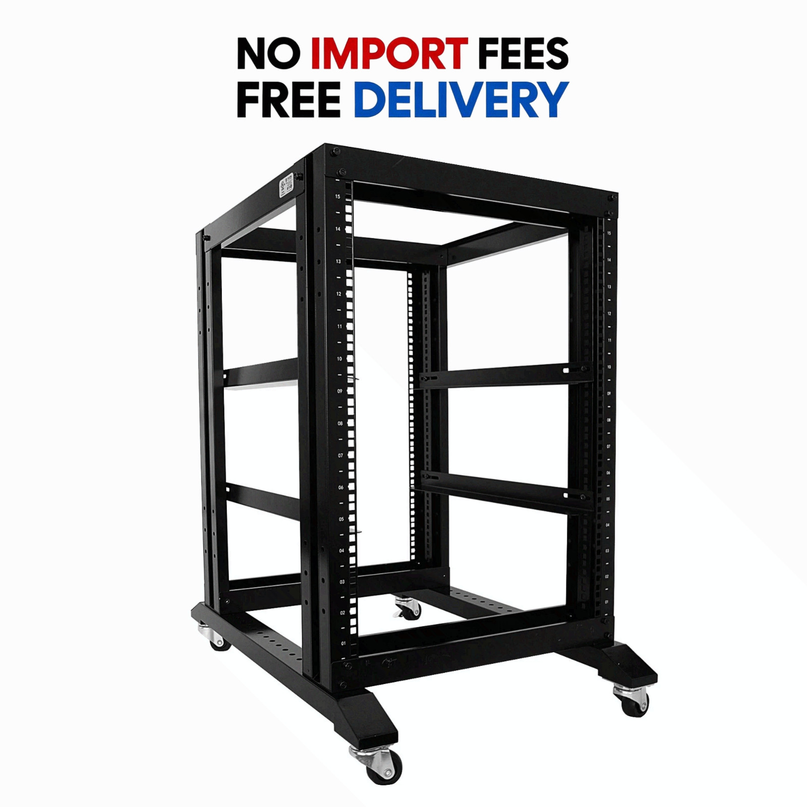 15U 4 Post Open Frame Server Rack 19” – 24” Deep Steel Data & Audio Network Rack