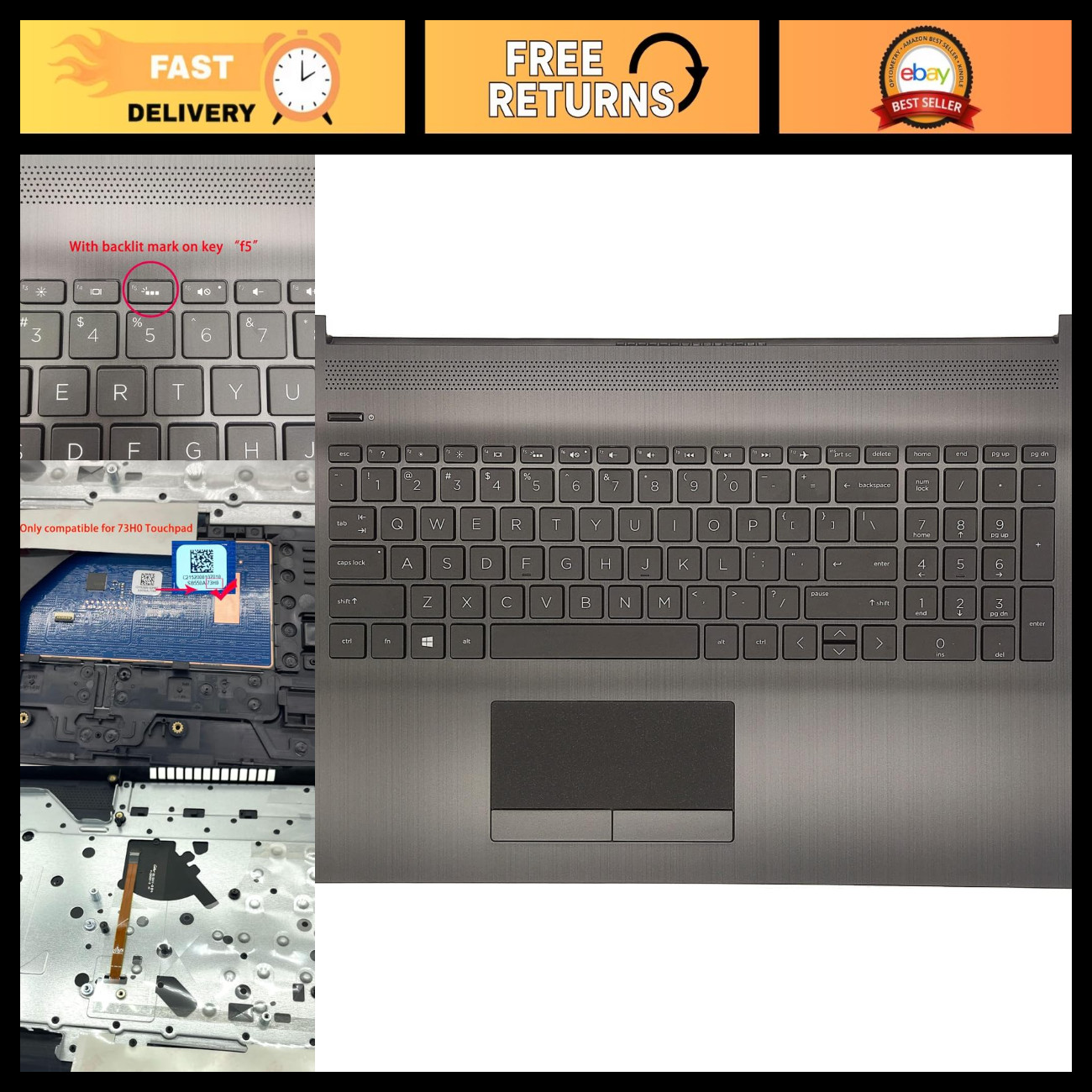 HP Laptop Replacement Upper Case Palmrest US Layout Backlit Keyboard & Touchpad