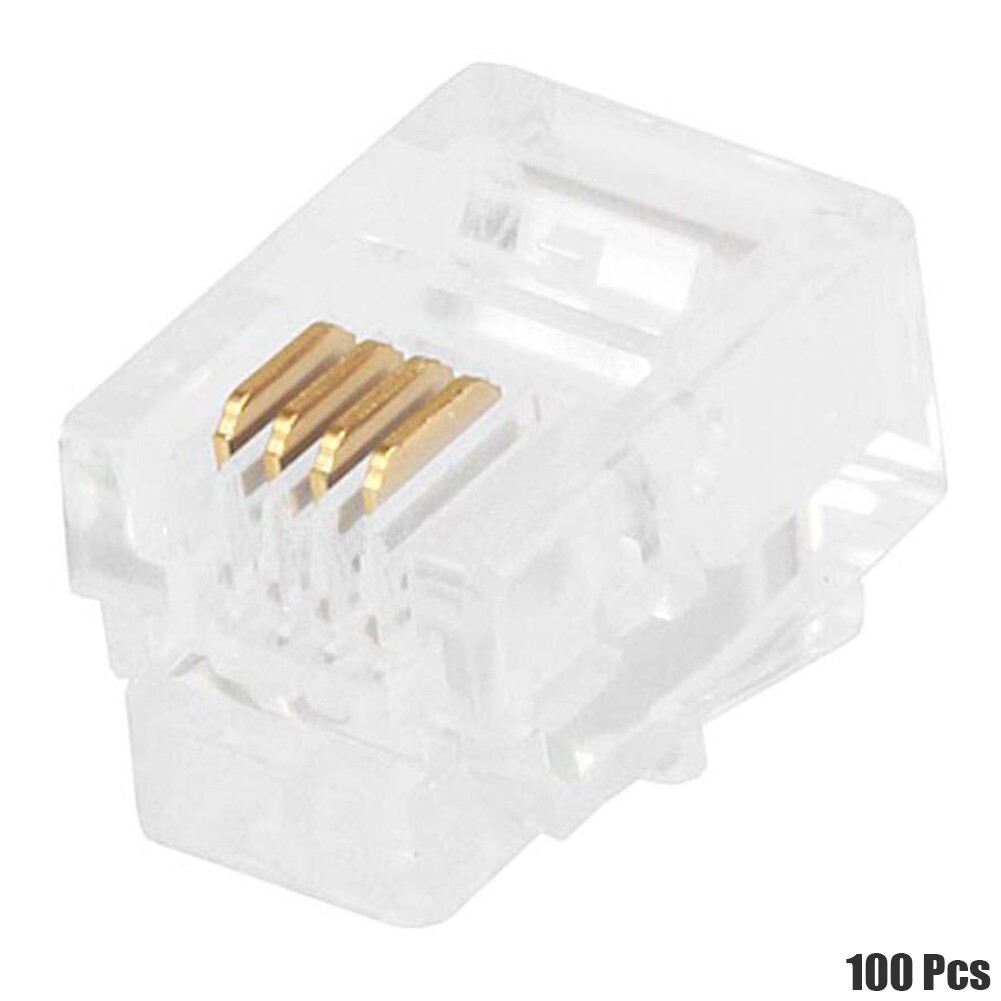 100 Pcs RJ11 6P4C Plug Connector Crimp On For Flat Stranded Phone Cable Clear