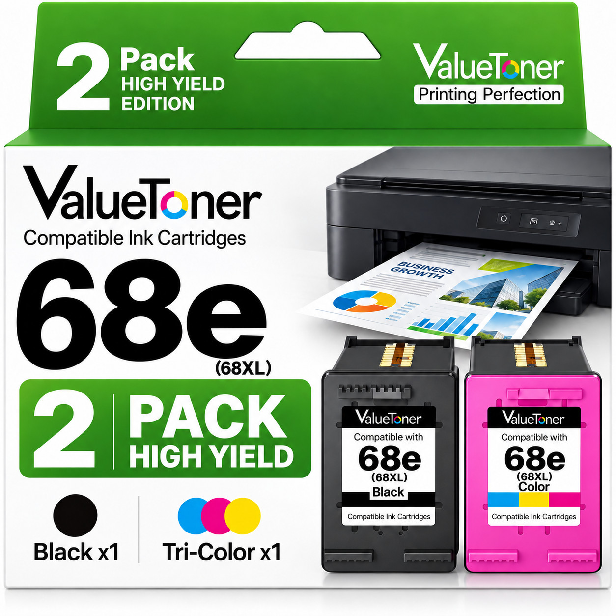 68e (68XL) 2 PK Ink Cartridges Combo Compatible with HP Envy 6555e 6155e 6130e