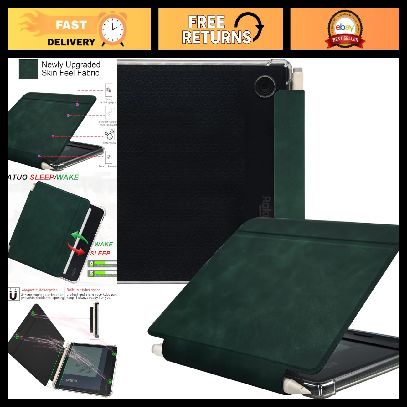 Ultra-Thin 7" eReader Folio Leather Case - Auto Sleep/Wake, Magnetic Closure, St