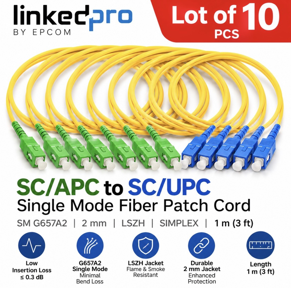 Lot of 10 1m FC/APC to FC/UPC Single Mode OS2 Simplex Fiber Optic Patch Cord