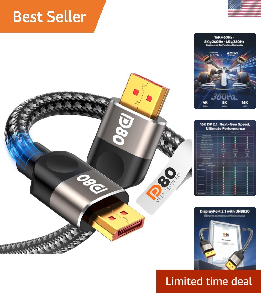 80Gbps DisplayPort Cable 2.1 [VESA Certified] DP80 HDR 6.6FT