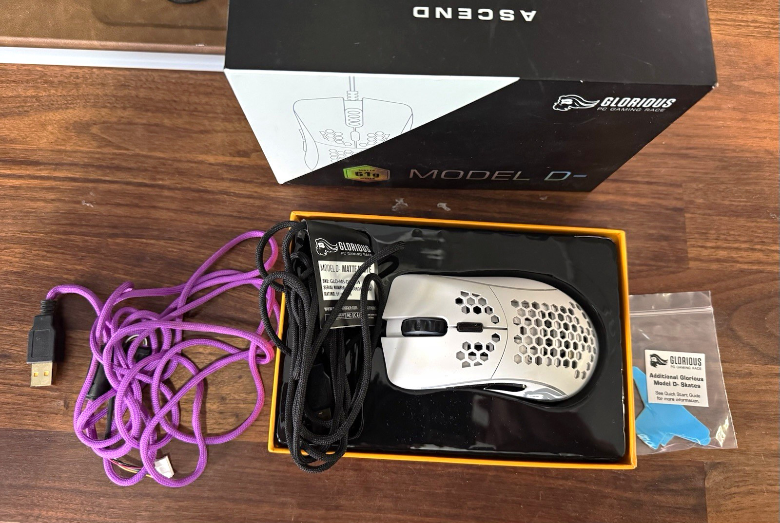 Glorious Model D- Matte White Wired USB Gaming Mouse with Extra Purple Cable