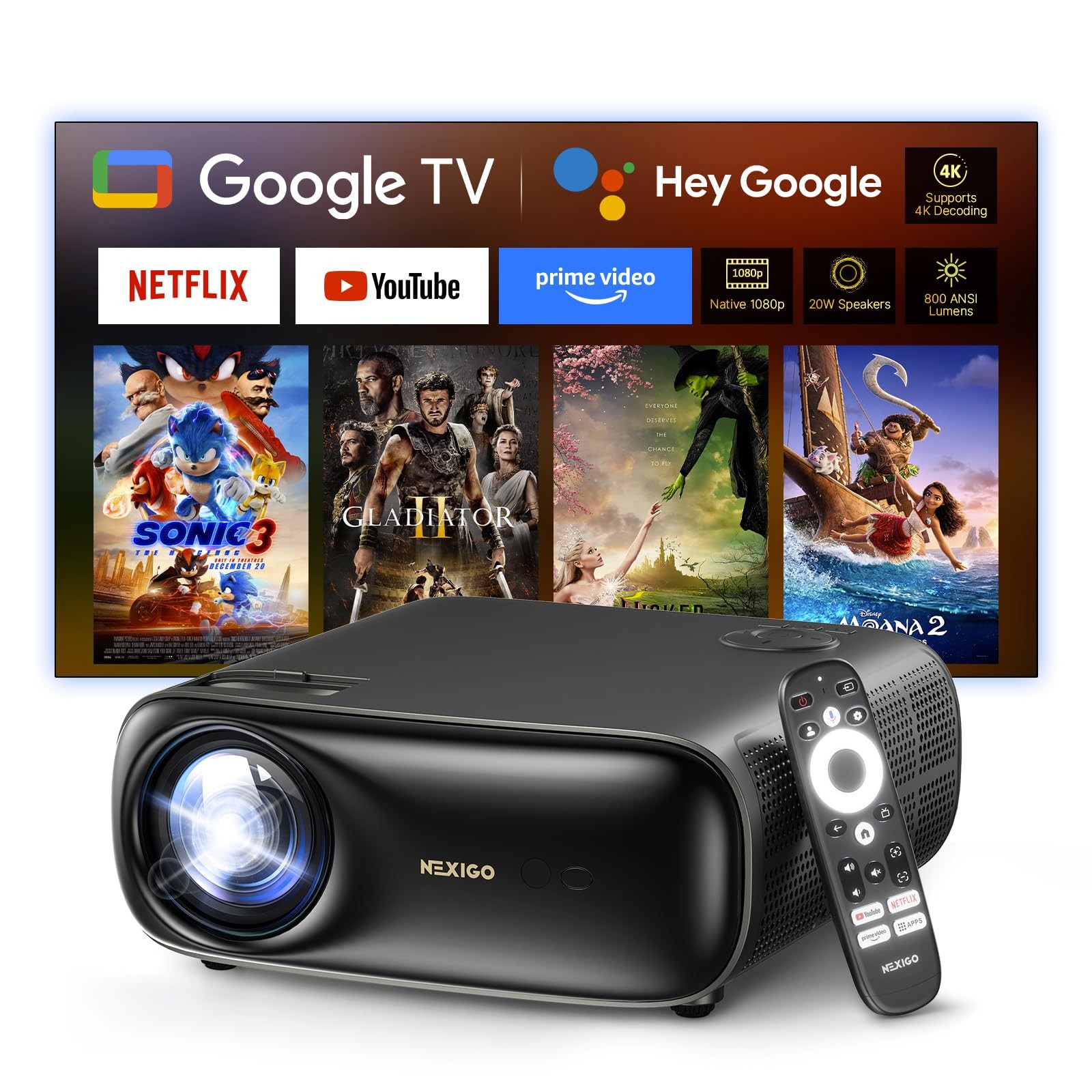 NexiGo PJ40 Pro Google TV Projector, Native 1080p, 4K 50" - 300", Black