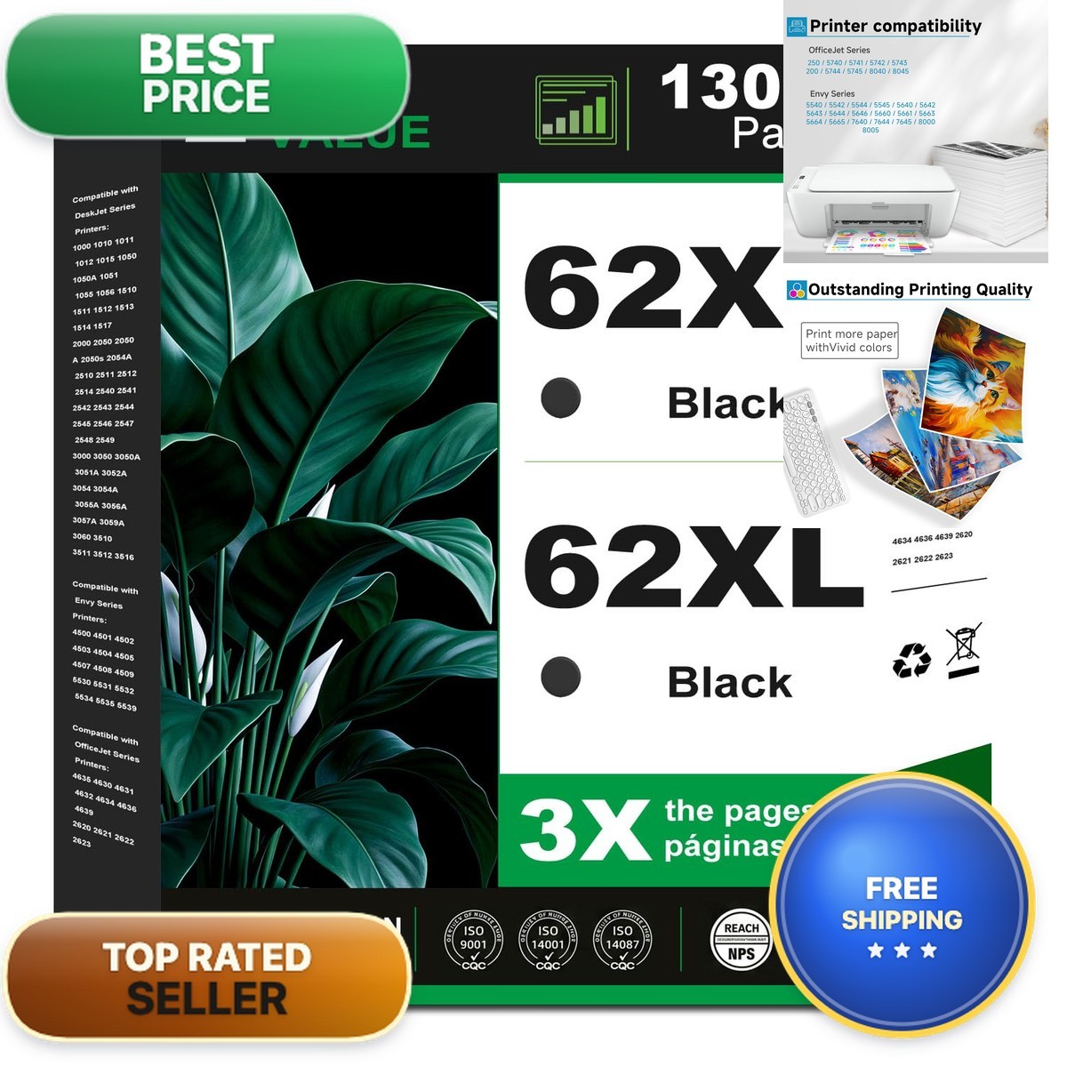 Black Ink Cartridges Replacement for HP 62 XL