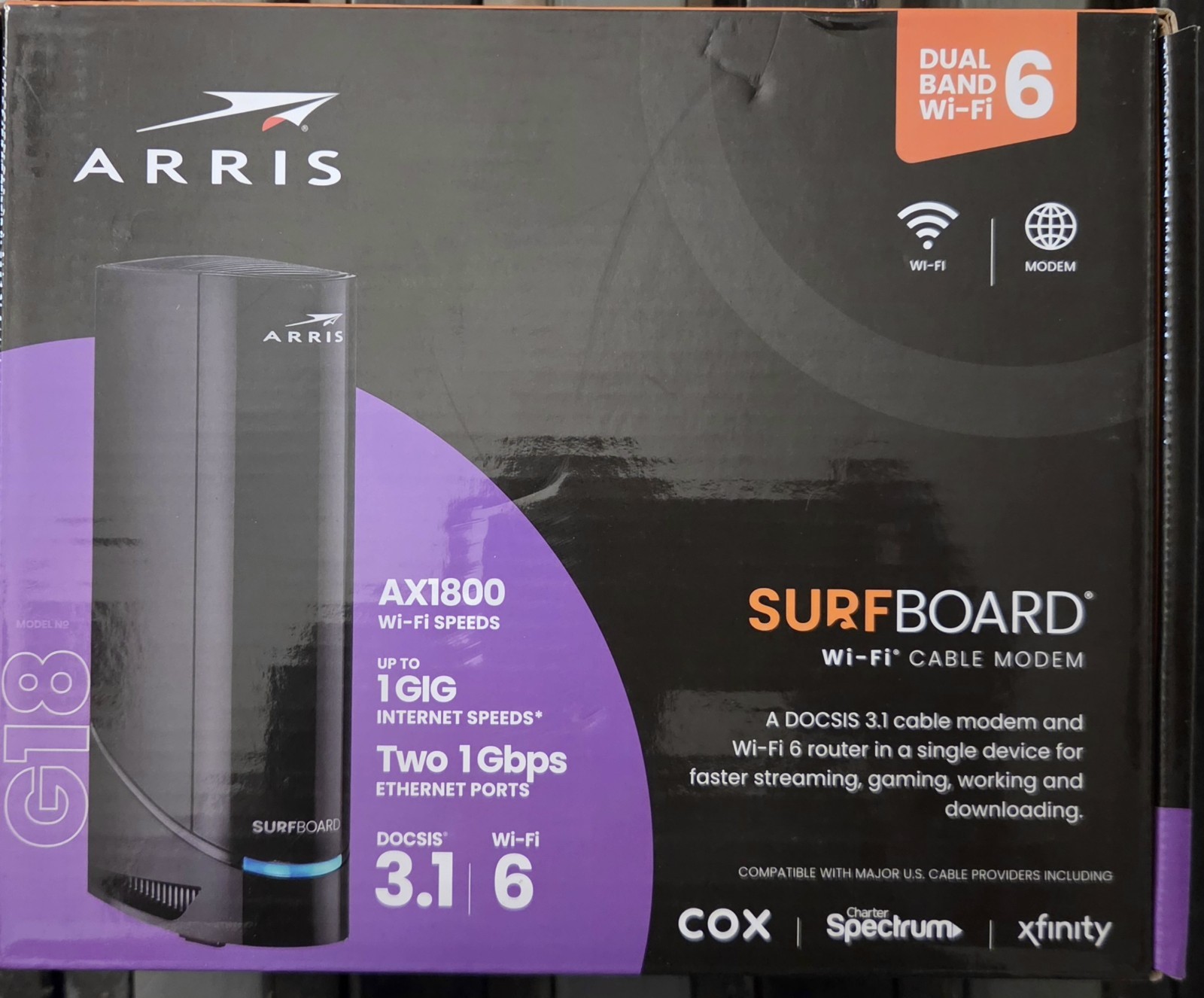 ARRIS SURFboard G18 DOCSIS 3.1 Wi‑Fi 6 cable AX1800 Dual-Band Modem Router