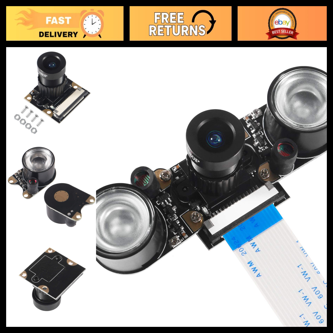 5MP Adjustable Focus Camera Module for Raspberry Pi 4 & 3 - Night Vision, 1080p
