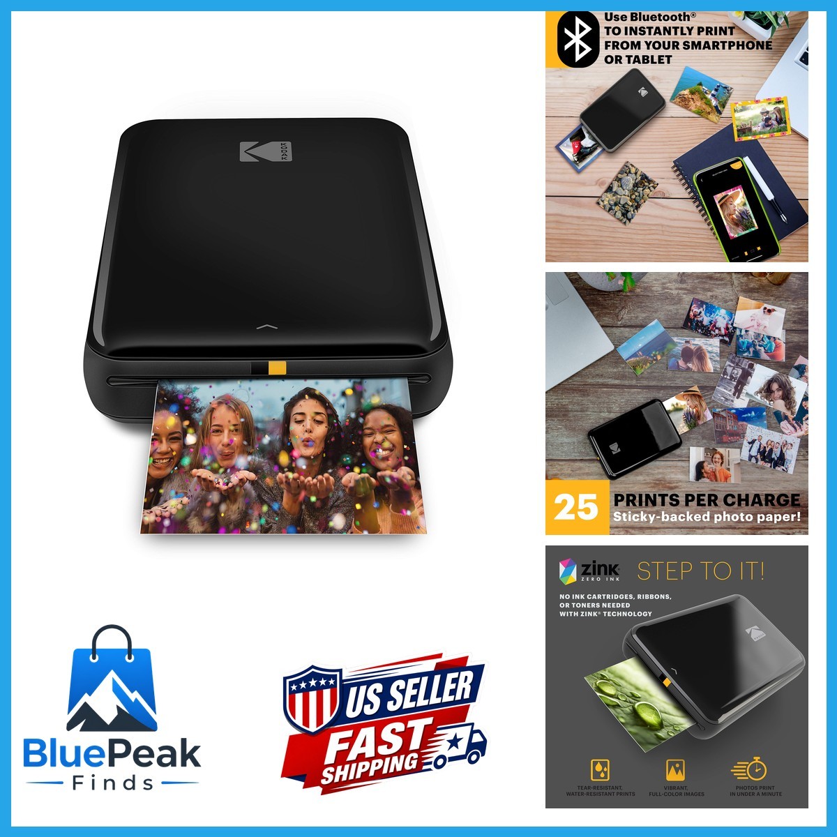 KODAK Step Smart Photo Printer Zink 2x3" Sticky-Back Bluetooth iOS Android Black