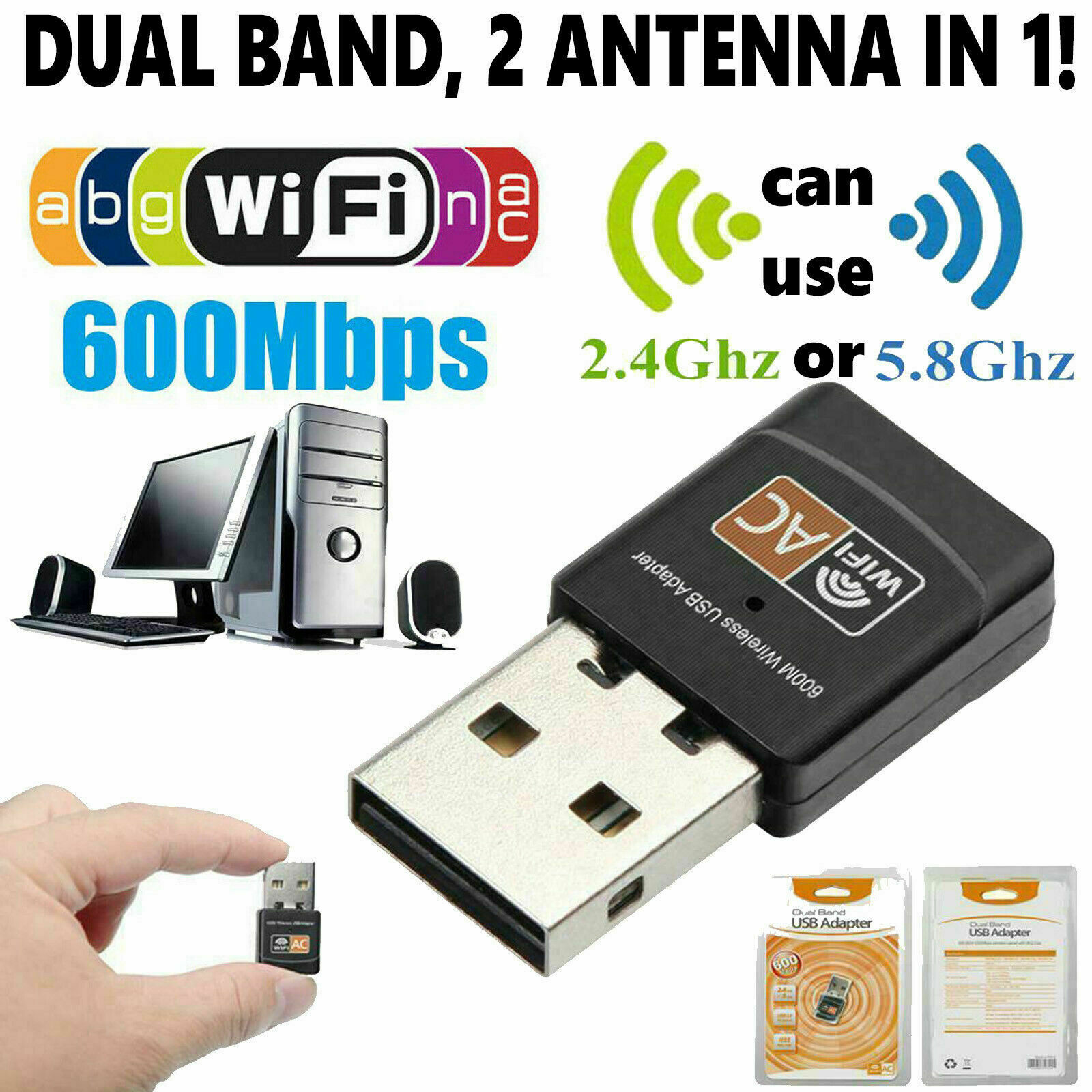 Mini Dual Band 600Mbps USB WiFi Wireless Adapter Network Card 2.4/5GHz 802.11 AC