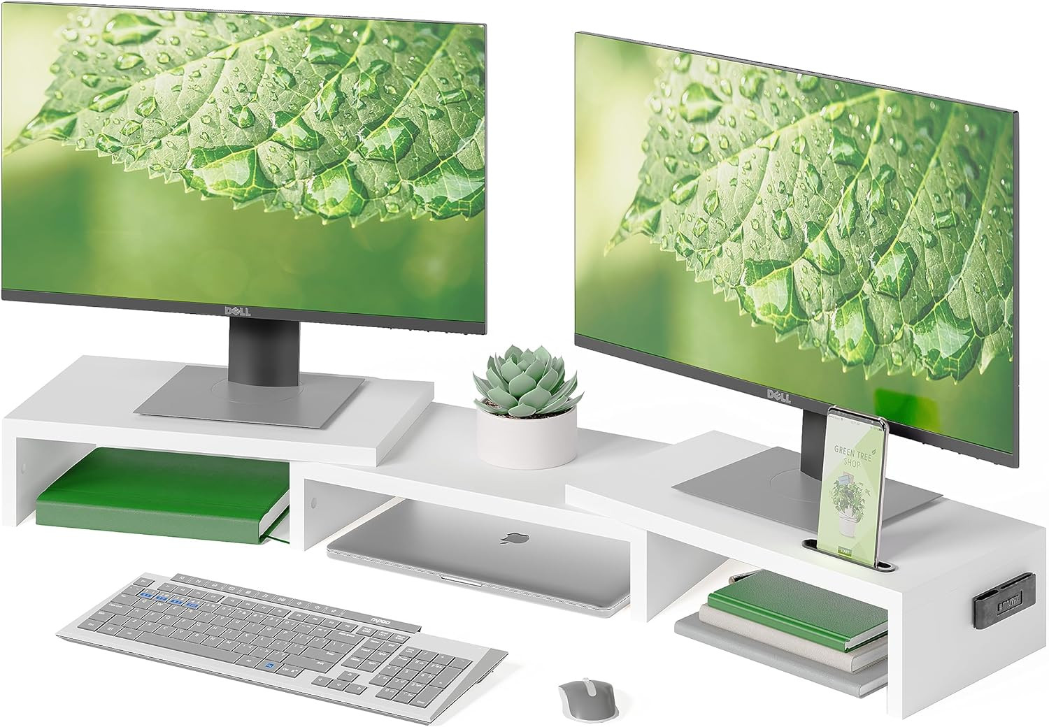 Dual Monitor Stand Riser - Adjustable Ergonomic Wooden Desktop Organizer (WHITE)