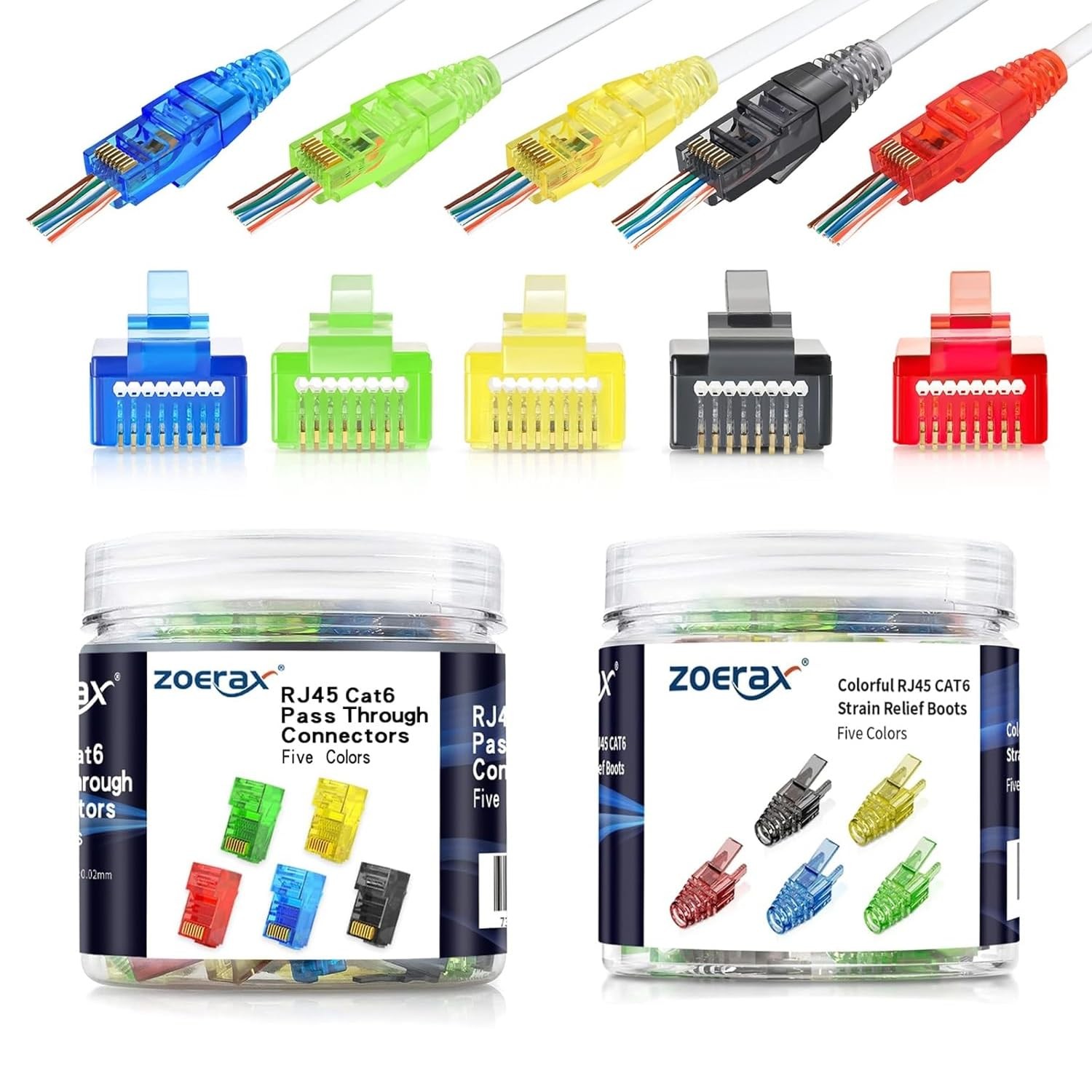 ZOERAX Cat5e Cat6 RJ45 Pass Through Connectors & Strain Relief Boots Clolor