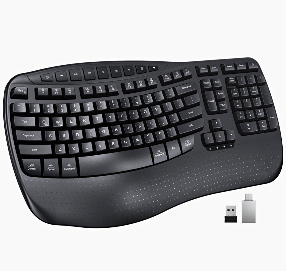 MEETION Wireless Ergonomic Keyboard w/ Built-In Wrist Rest, Black English QWERTY