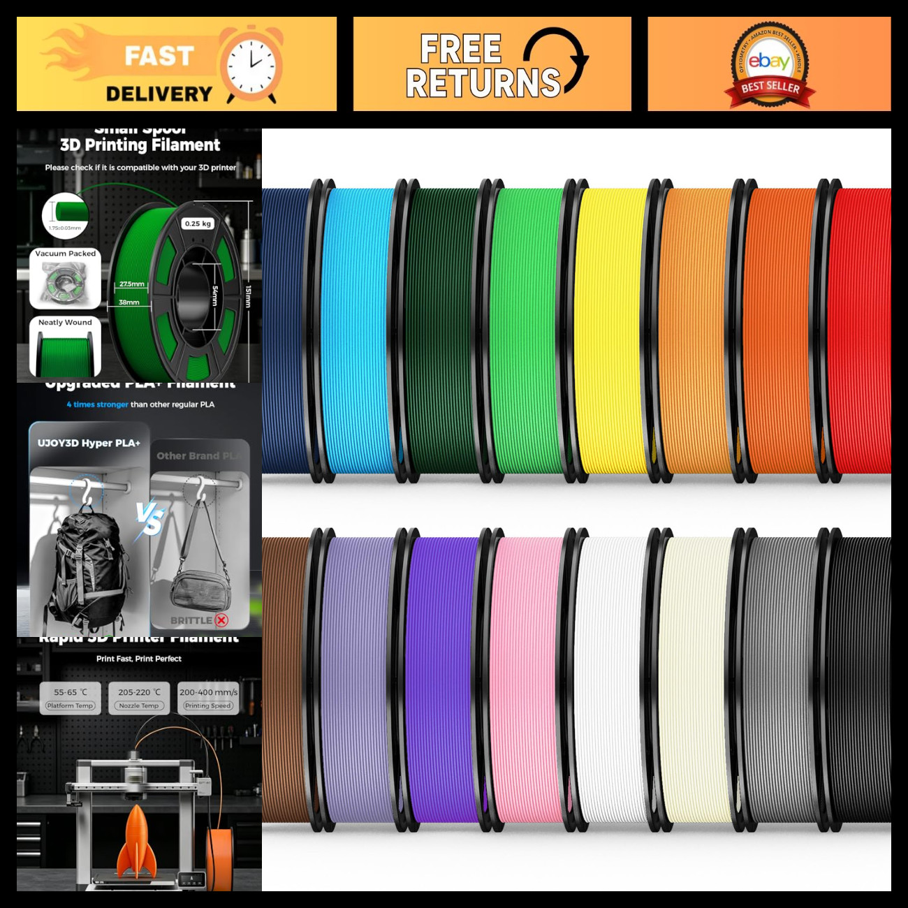 16 Color Hyper PLA+ Filament Bundle, High Speed 0.25kg Each, 3D Printing Supplie