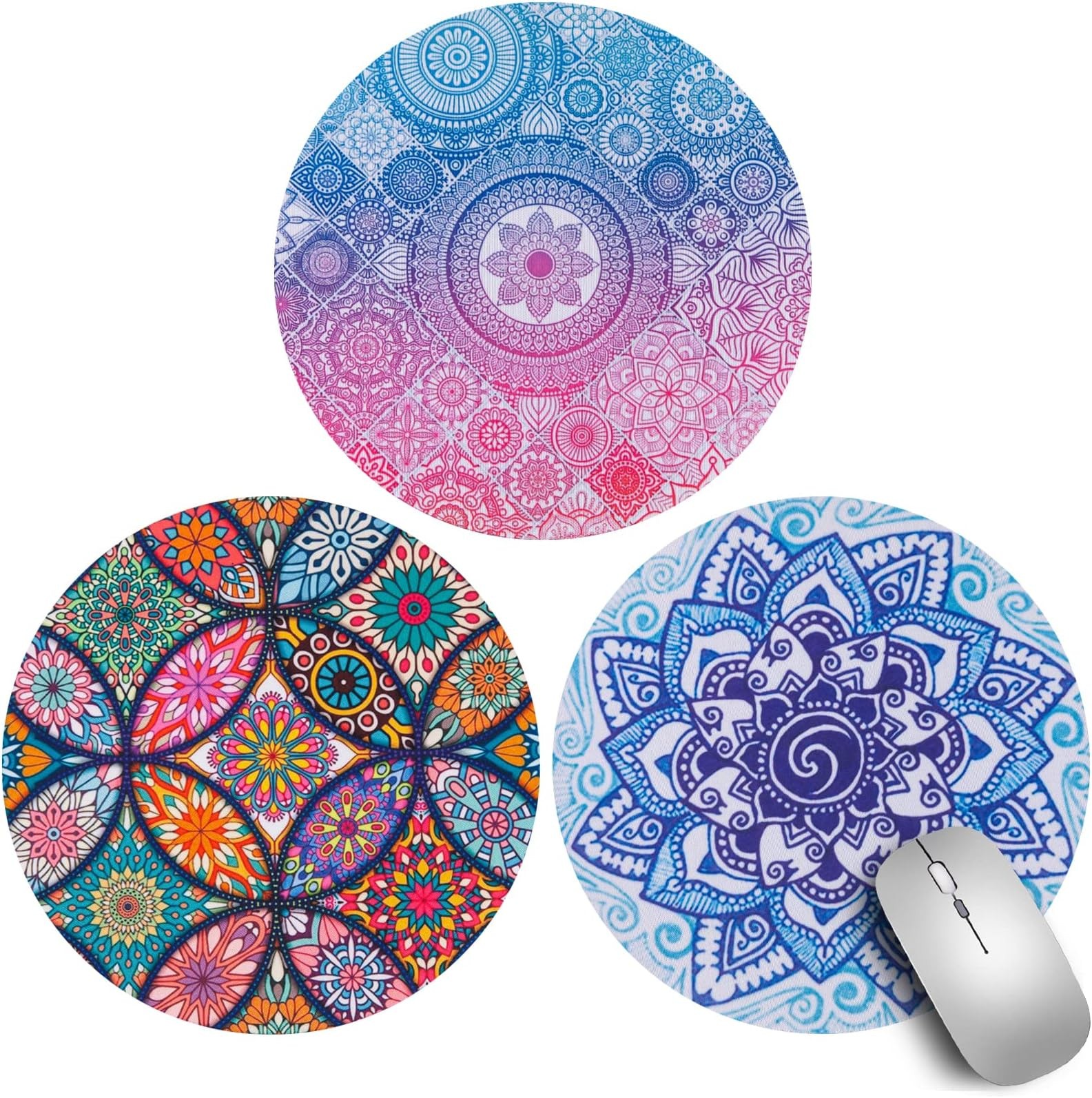 Mouse Pad Mat 3 Pack Small Round Soft Non-slip Rubber Mandala Blue Pink
