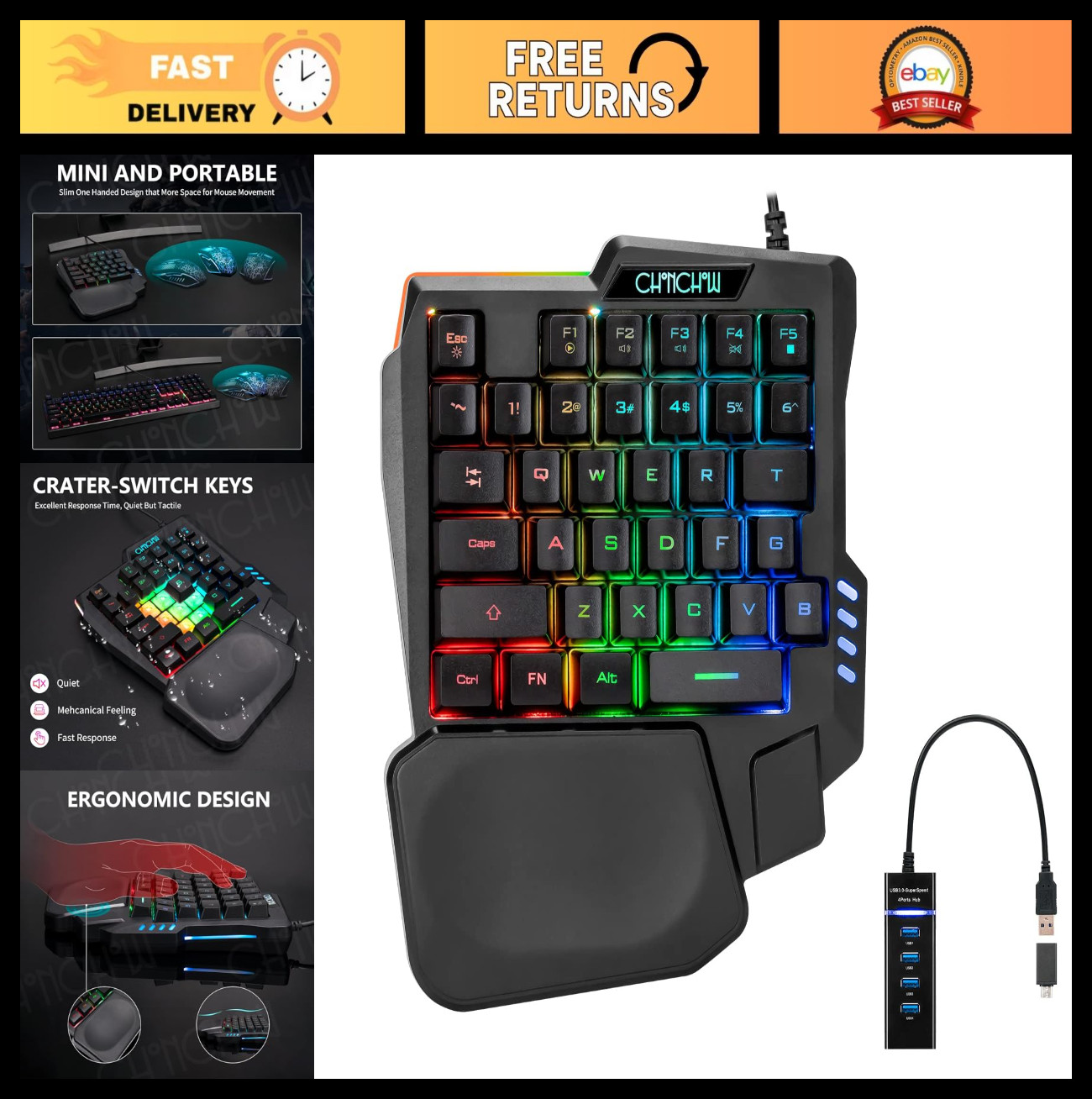 One-Handed Gaming Keyboard 35 Keys, Rainbow LED, Ergonomic Wrist Rest, USB Wired