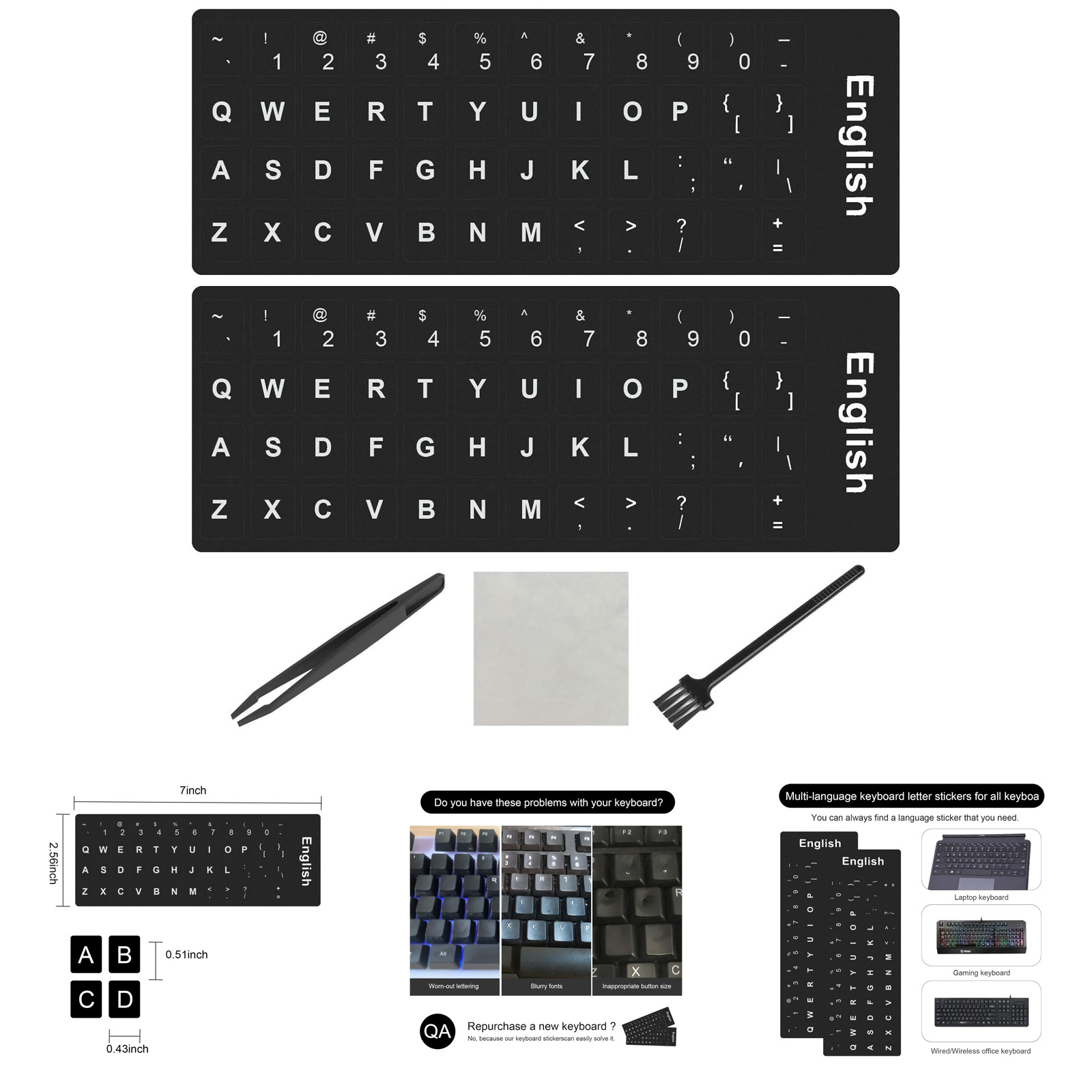 English Keyboard Stickers with White Lettering, Universal Replacement for