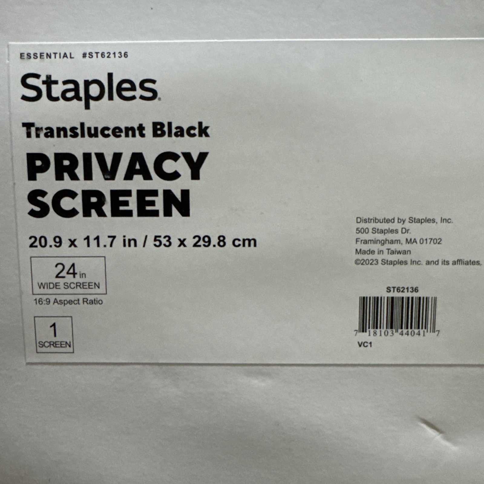 Staples Translucent Black Privacy Filter for 24" Widescreen Monitors (16:9) |NEW
