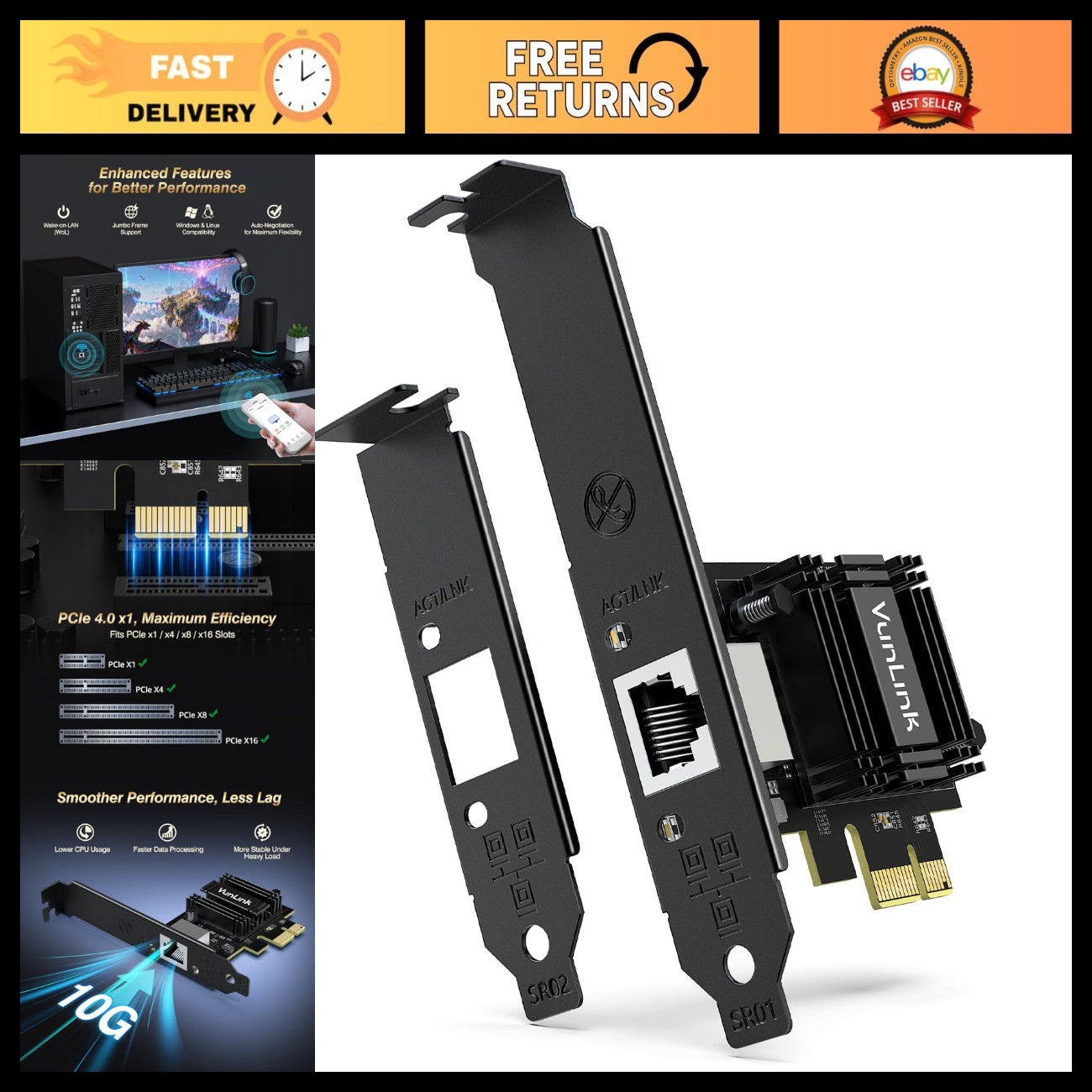 10Gb PCIe Network Card, Multi-Gig RJ45 Ethernet Adapter for PC/NAS/Server, PCIe