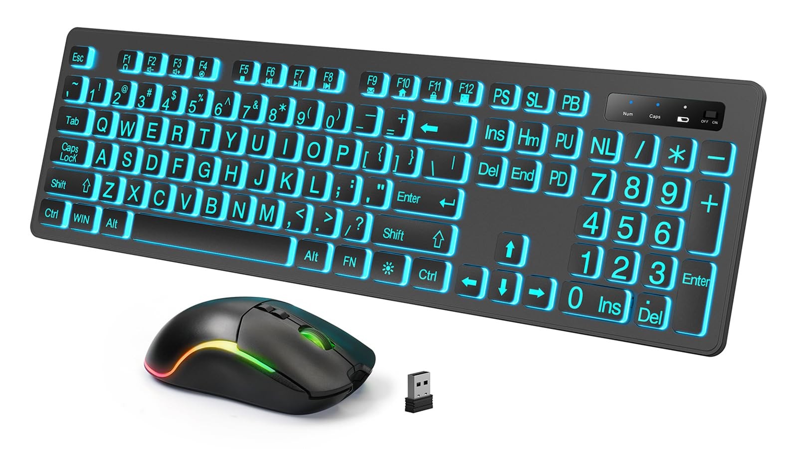 Backlit Large Print Wireless Keyboard and Mouse Combo, 2.4G Full Size Black
