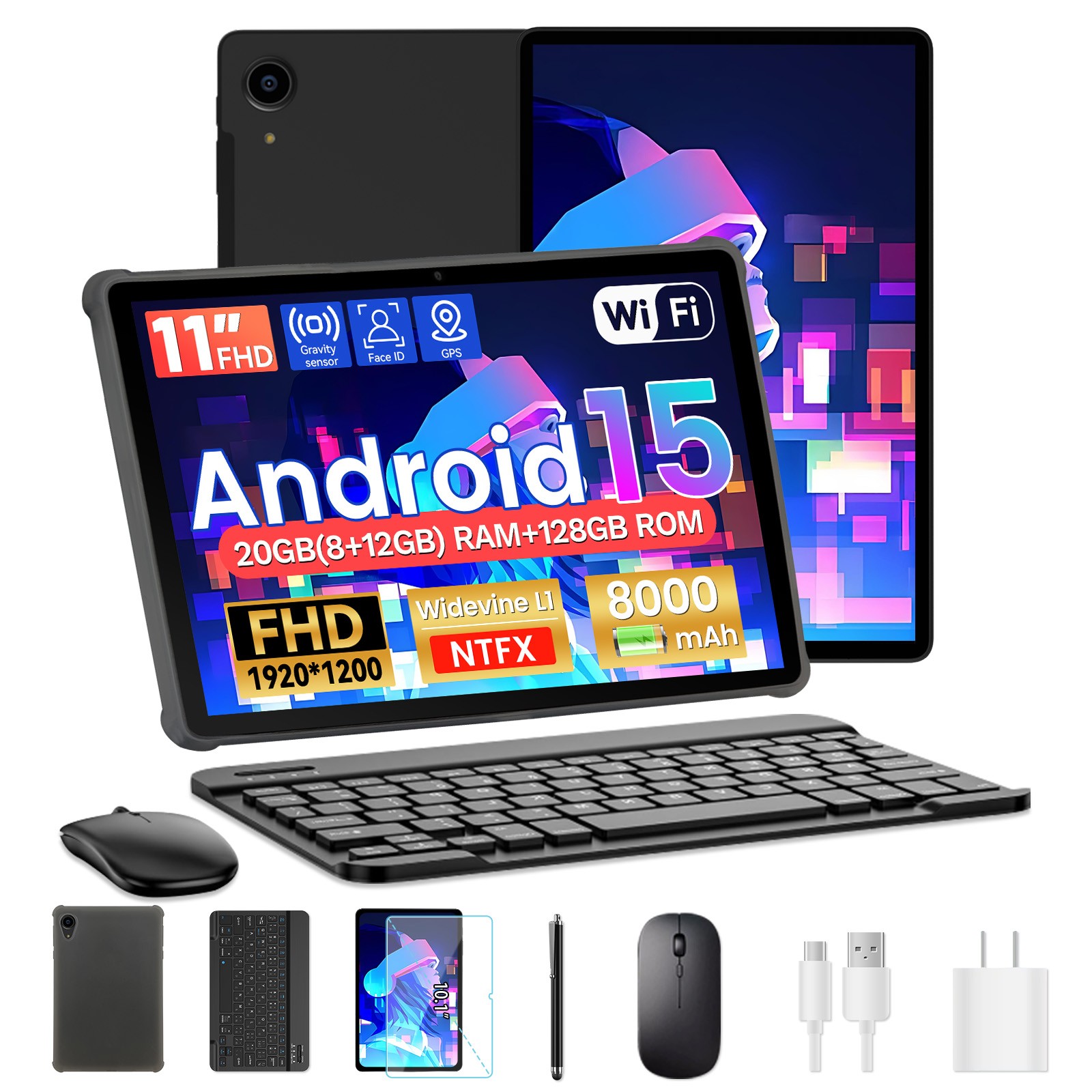 11 inch Android 15 WIFI Tablets FHD Touchscreen 8-Core 20GB+128GB with Keyboard