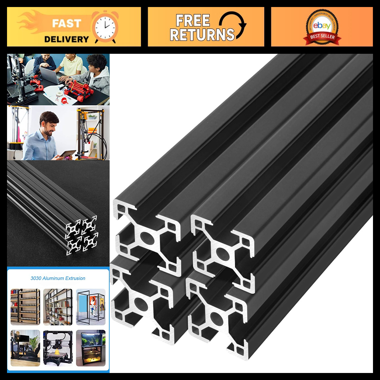3030 T Slot Aluminum Extrusion Profile for 3D Printer & CNC DIY Projects - Black