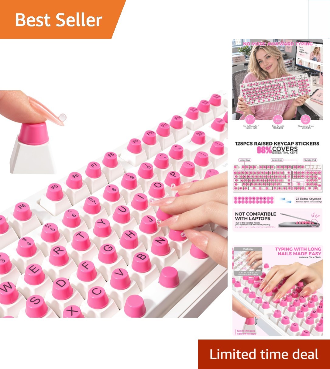 Stylish 128 Count Long Nail Keyboard Stickers - Perfect for Gaming & Office