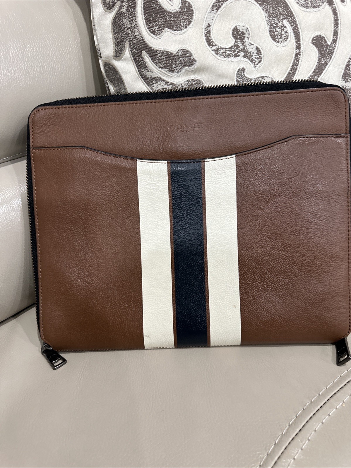 Coach F64561  Stripe Leather Tech Case Saddle Tablet Case New 11”x9”