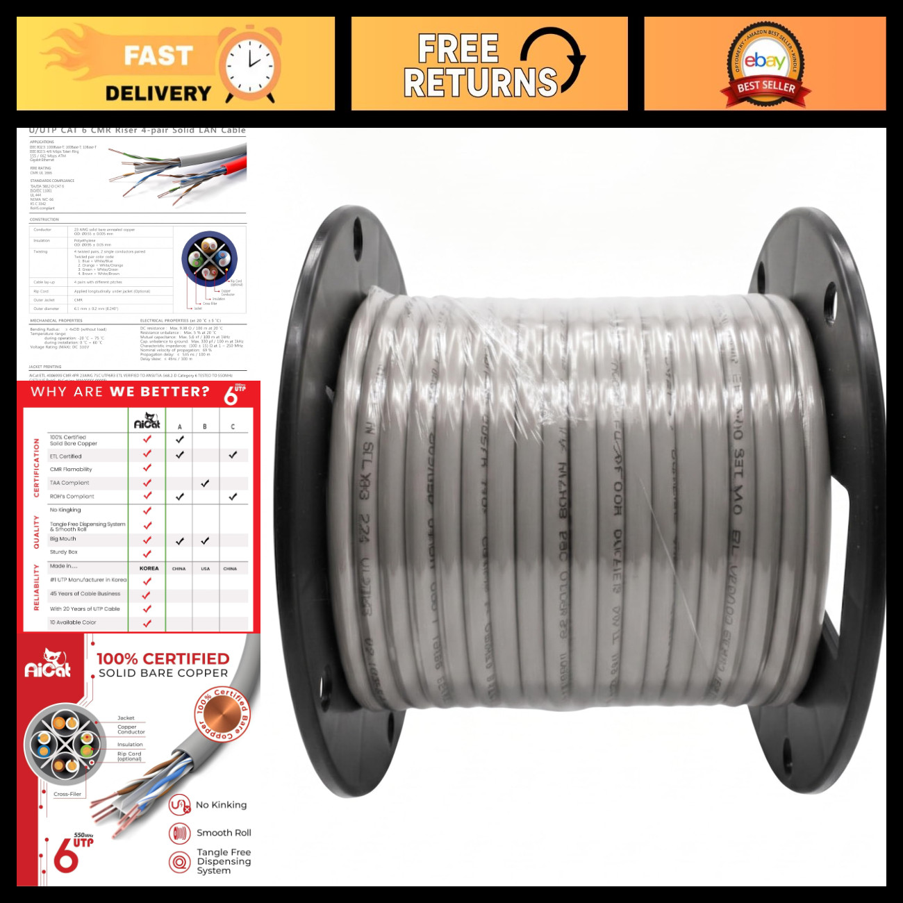 100ft Cat6 Ethernet Cable - 10Gbps, 550MHz, Solid Copper, Noise Reduction, UTP