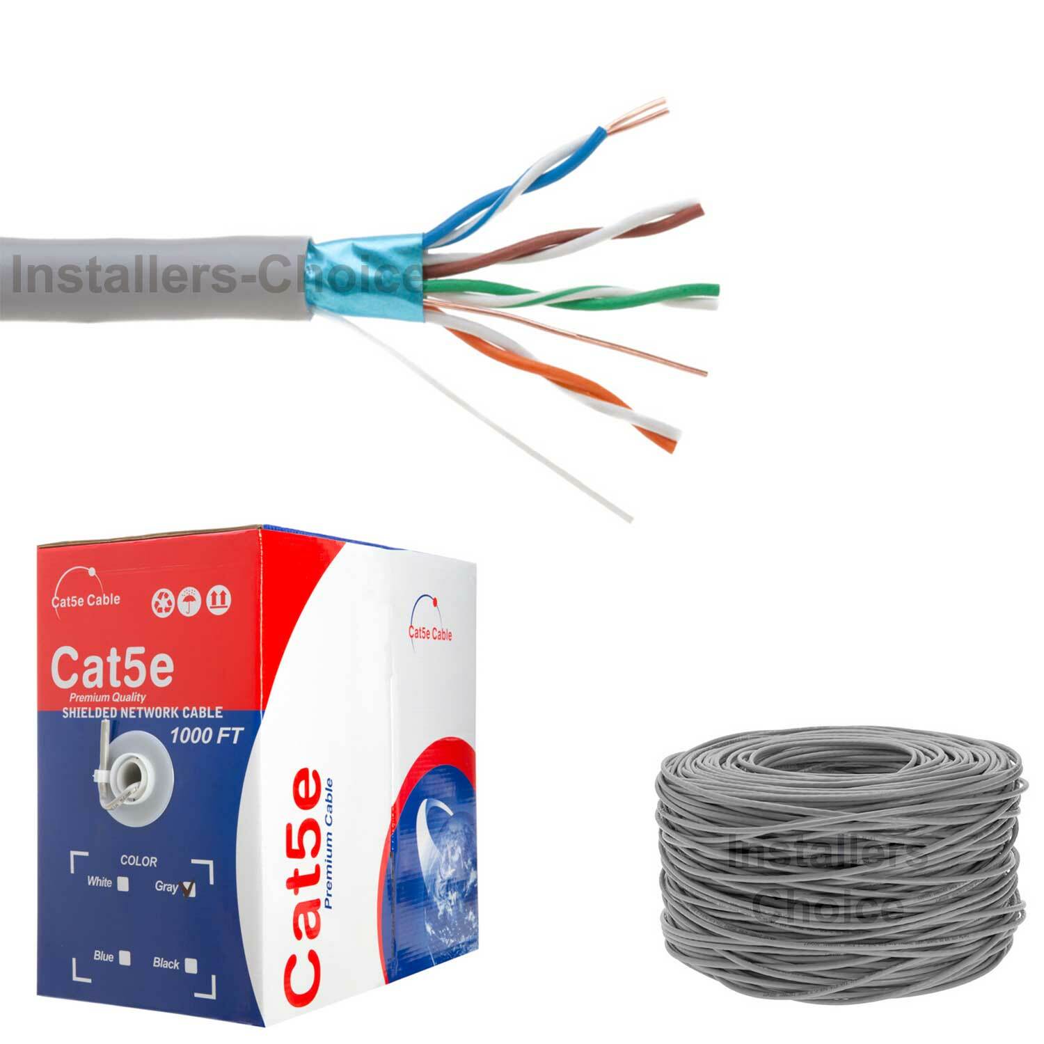 Cat5e 1000ft Cable FTP Cat5 Shielded Solid Bulk Ethernet Lan Network Wire Gray