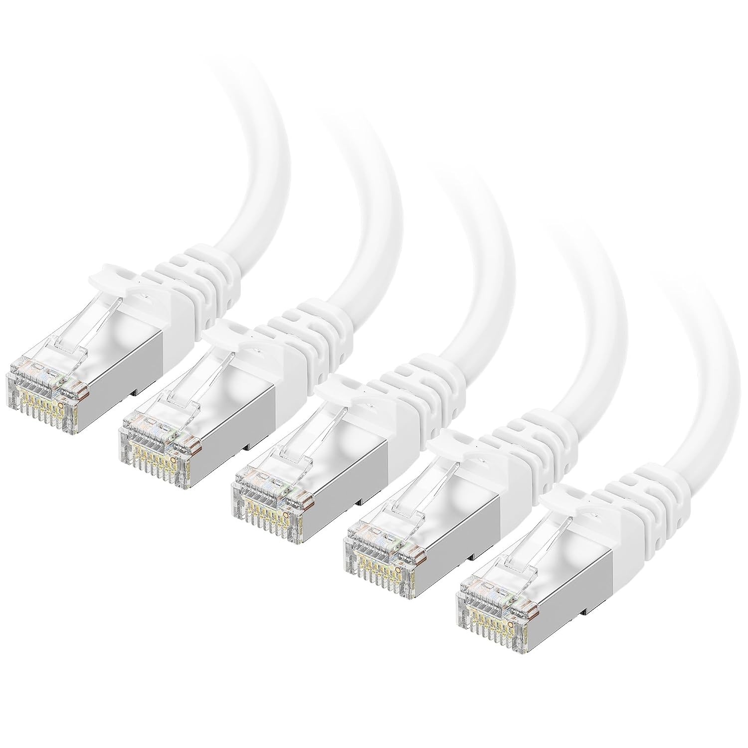 Cable Matters 10Gbps 5-Pack Snagless Shielded Cat 6A Cable, 1Ft, White SFTP